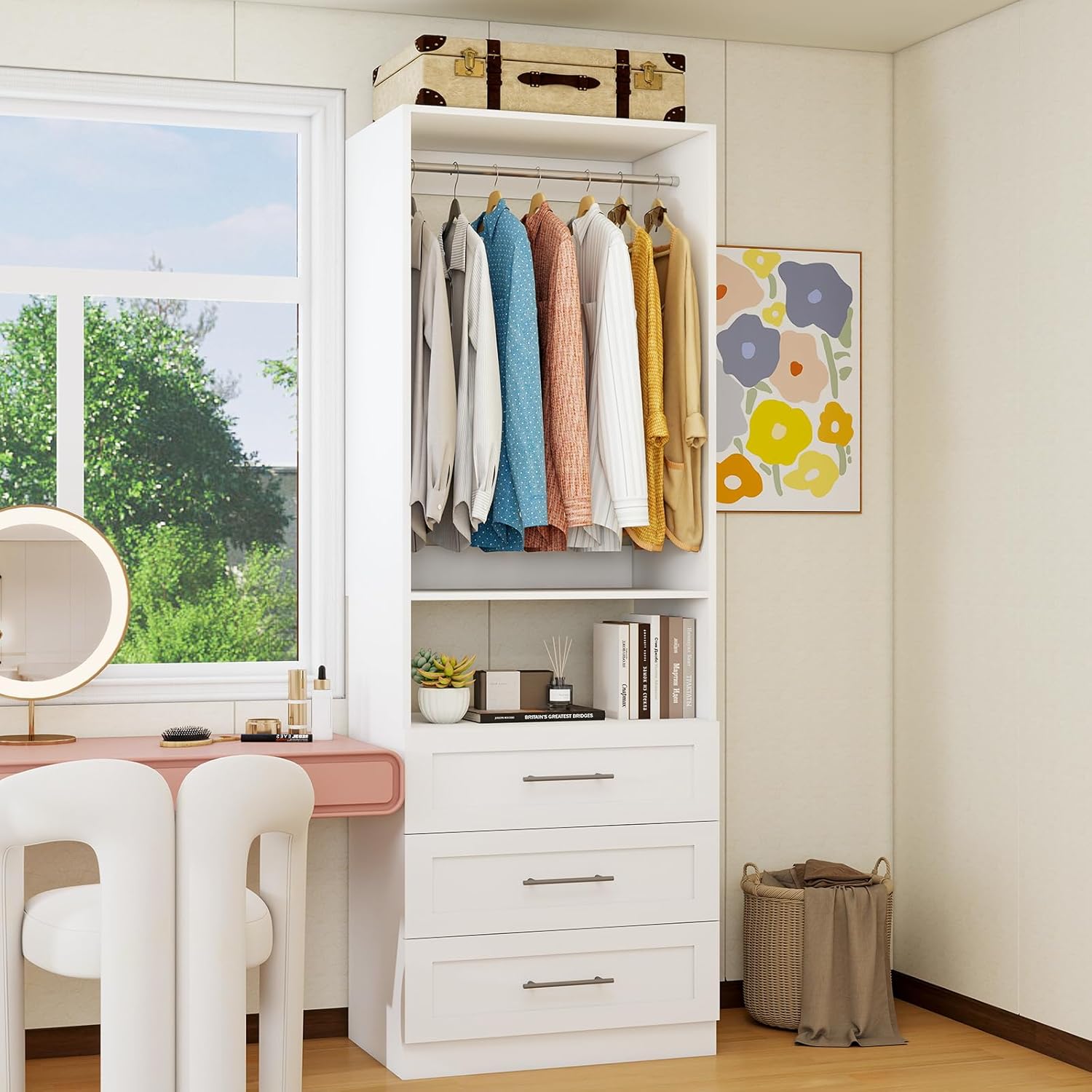 Closet System with Wooden Drawers, 2FT Closet Organize System with 3 Drawers & 2 Hanging Rods &for Walk in Closets, 24" Freestanding Closet System, White(2FT)