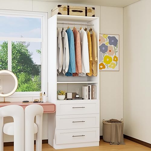 Sistema de armario con cajones de madera, sistema de organización de armario de 2 pies con 3 cajones y 2 varillas para colgar y para vestidores,