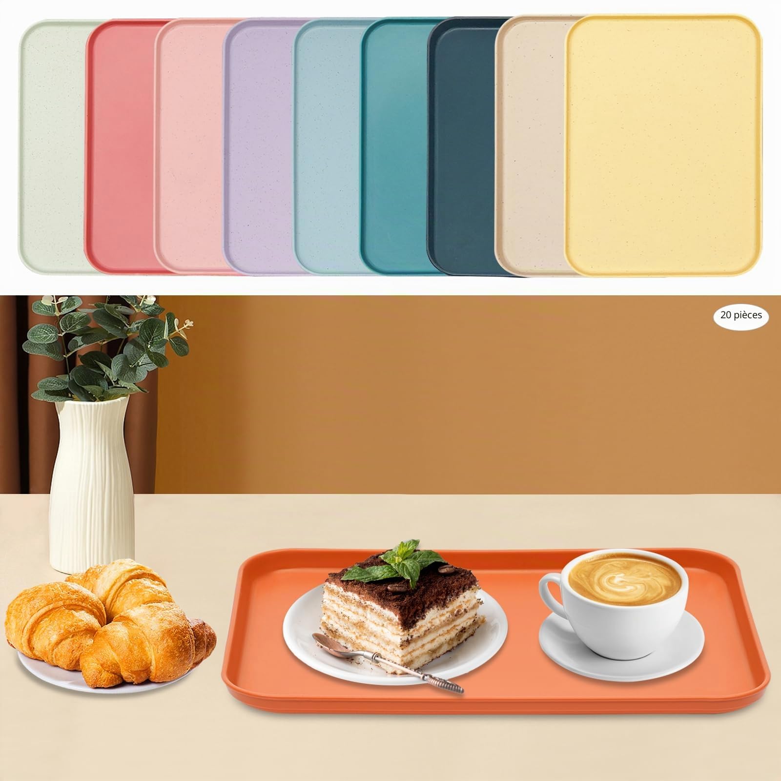 20 Pièces Plateau Plastique Rectangulaire, Plateau De Service en Antidérapants, Plateaux Restauration, Rectangulaire Plateaux pour Cuisine Café Boulangerie, 31x22cm (10 Couleurs)