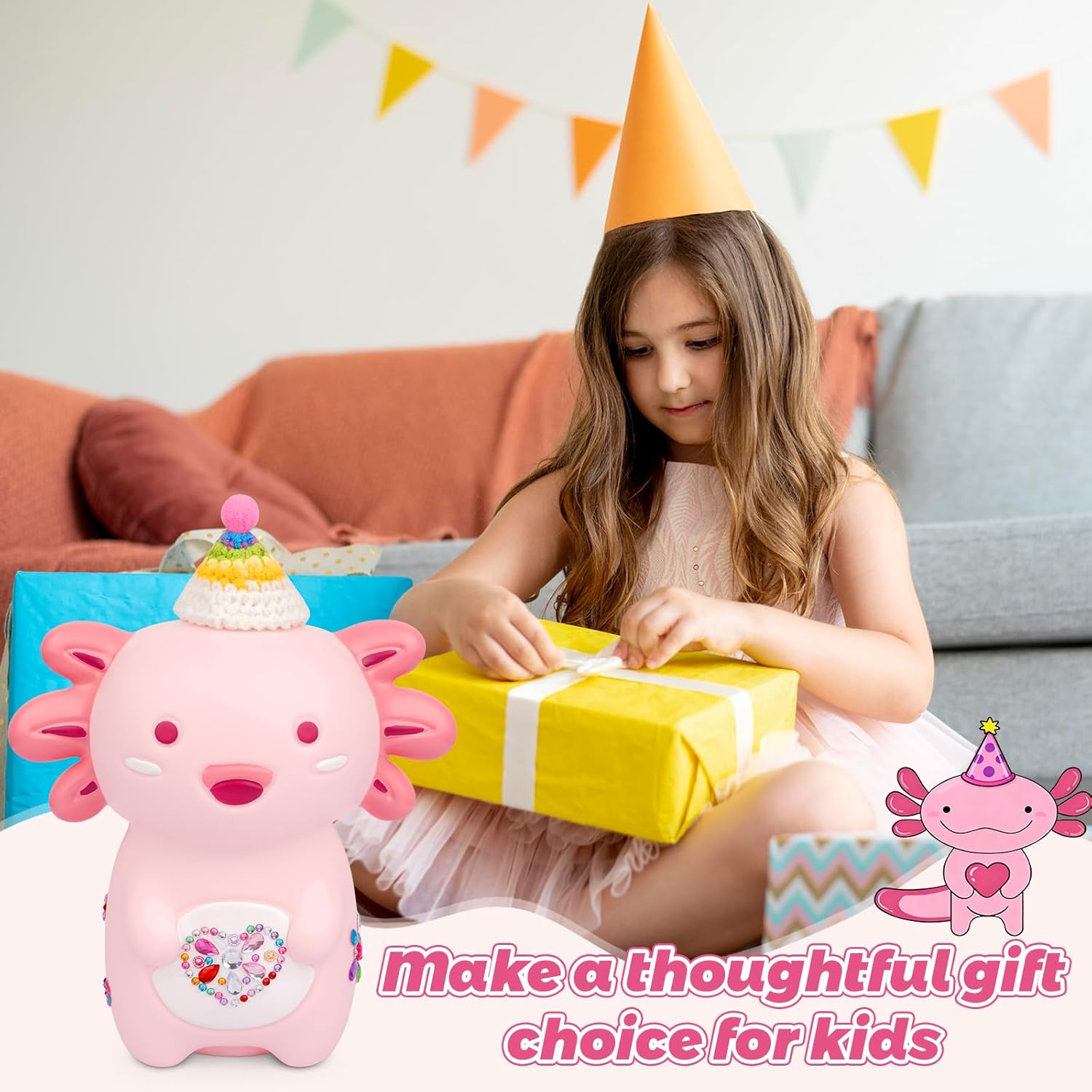 Axolotl Piggy Bank,Cute Coin Bank with Hat Stickers and Rhinestone,Unbreakable Plastic Money Bank,Piggy Bank Toy for Kids Adults Boys Girl Great Birthday Gifts