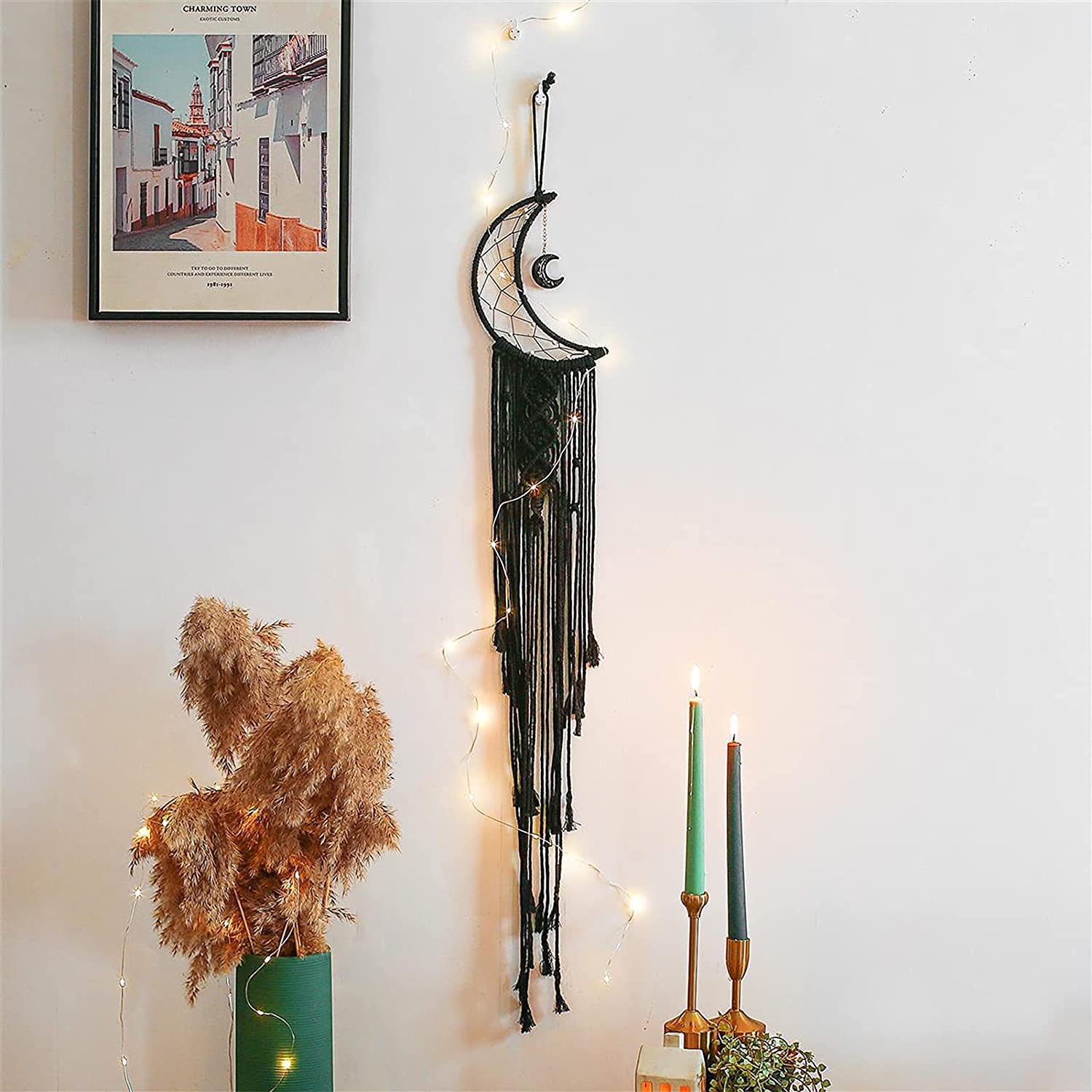 Atrapasueños de luna para dormitorio, colgante de pared bohemio, atrapasueños con cadena de luces, decoración del hogar, regalo de boda, cumpleaños, atrapasueños hecho a mano para amigos (negro)