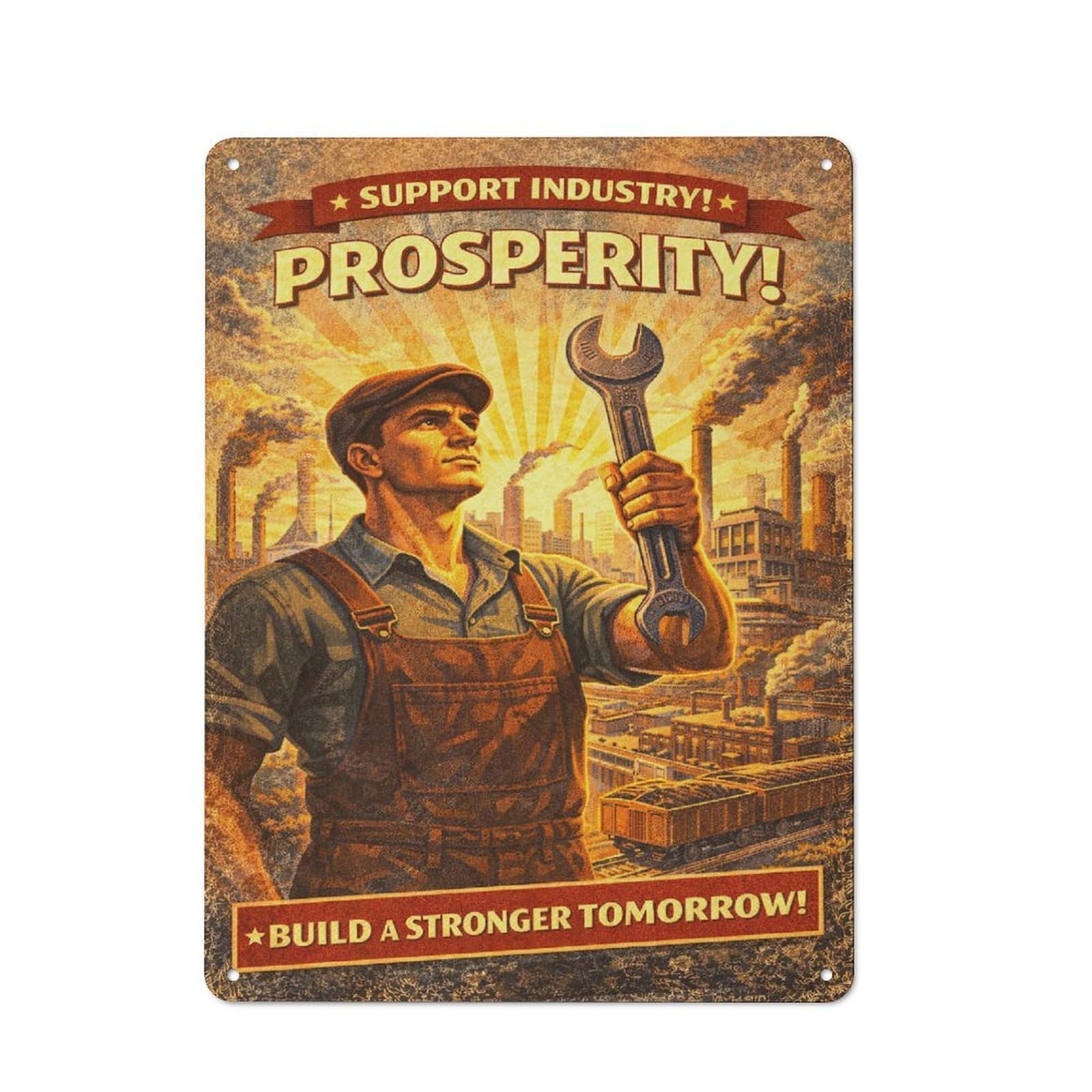 Junmoney Style-15 Metal Wall Plaque With Worker Holding Wrench With Industrial Background Design 40X30cm, Simple Retro Studio Wall Plaque For Hobby Room, Office, Lounge Or Living Room