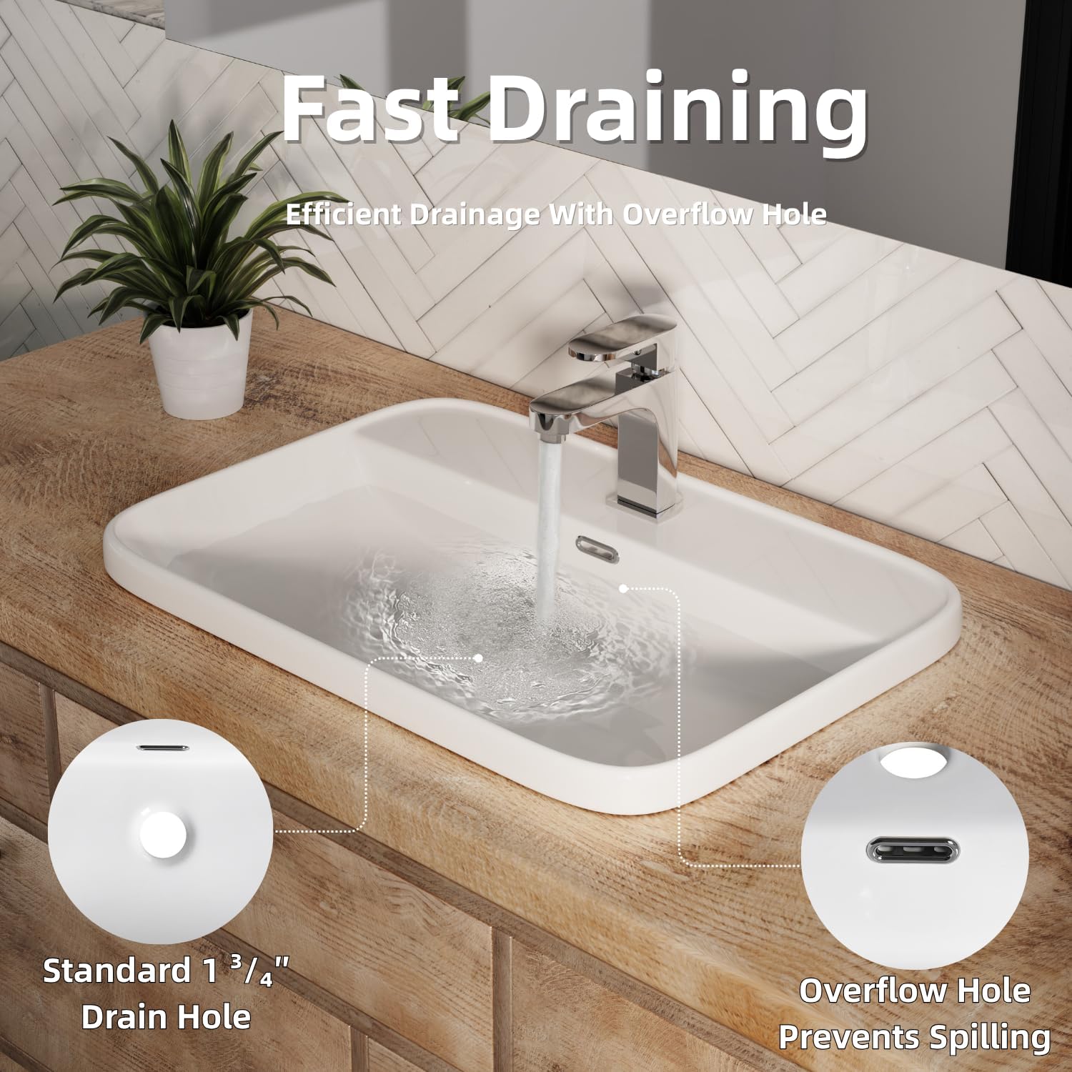 24''W x 17''D Bathroom Drop In Sink with Single Faucet Hole, Los Flexi 24 Inch Semi Recessed Vessel Sink Rectangular, White Vessel Sinks for Bathrooms with Chrome Finish Overflow Hole