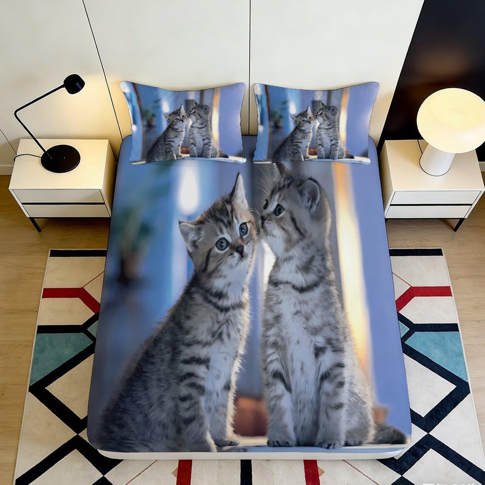 3D Printed Cat Lovers Fitted Sheet Microfiber Soft Grey Tabby Mattress Cover Decor for Bedroom Guest Room 90x200x25cm
