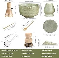 Vista 5 de Set de Té Matcha Japonés, Tazón de Matcha con Pico y Base, Batidor de Matcha con Soporte, Colador, Cuchara, Cucharón, Cepillo de Limpieza, Kit
