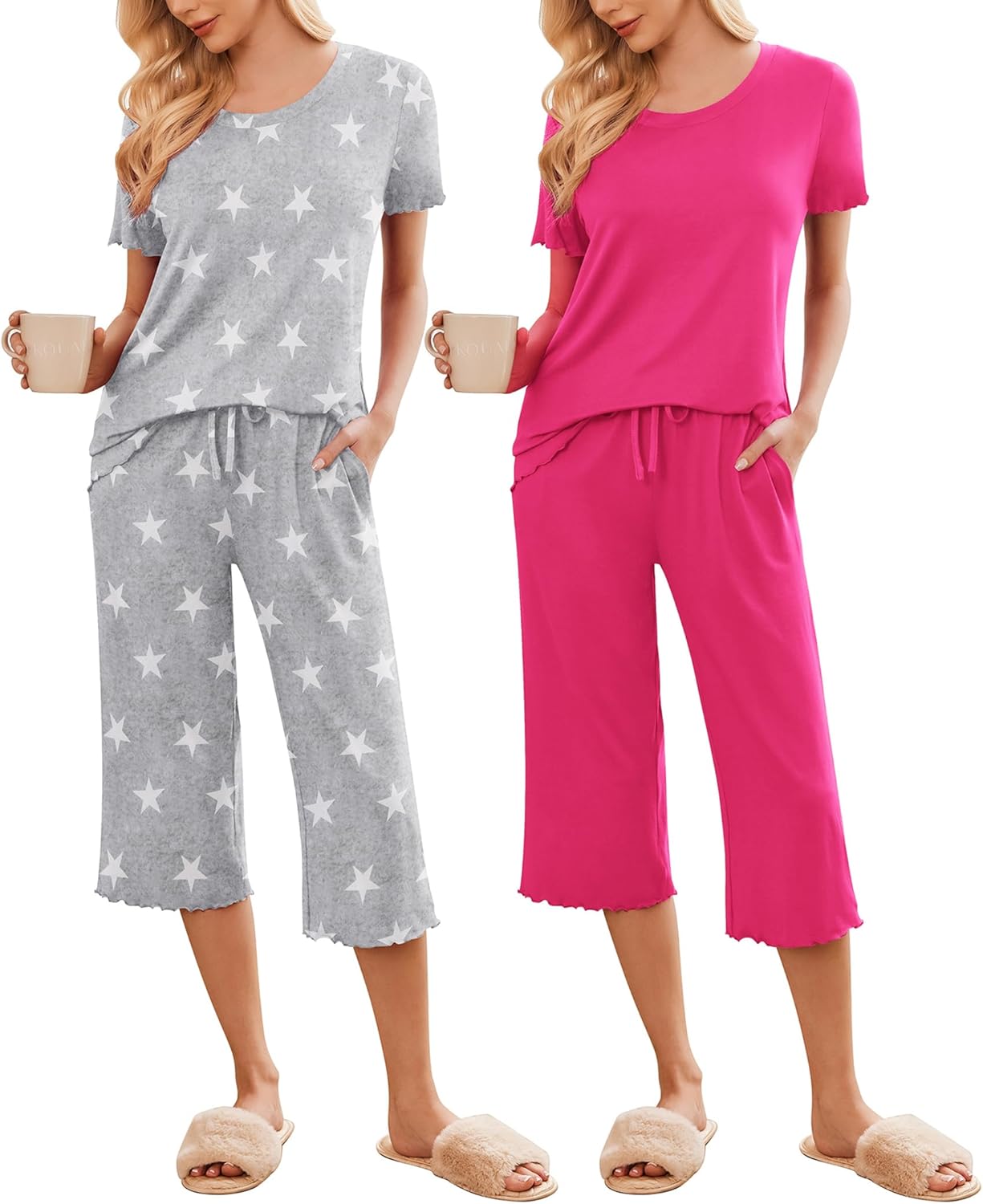 Ekouaer 2 Pack: Women's Pajamas Set Short Sleeve Sleepwear Capri Pants Pjs Soft Loungewear with Pockets