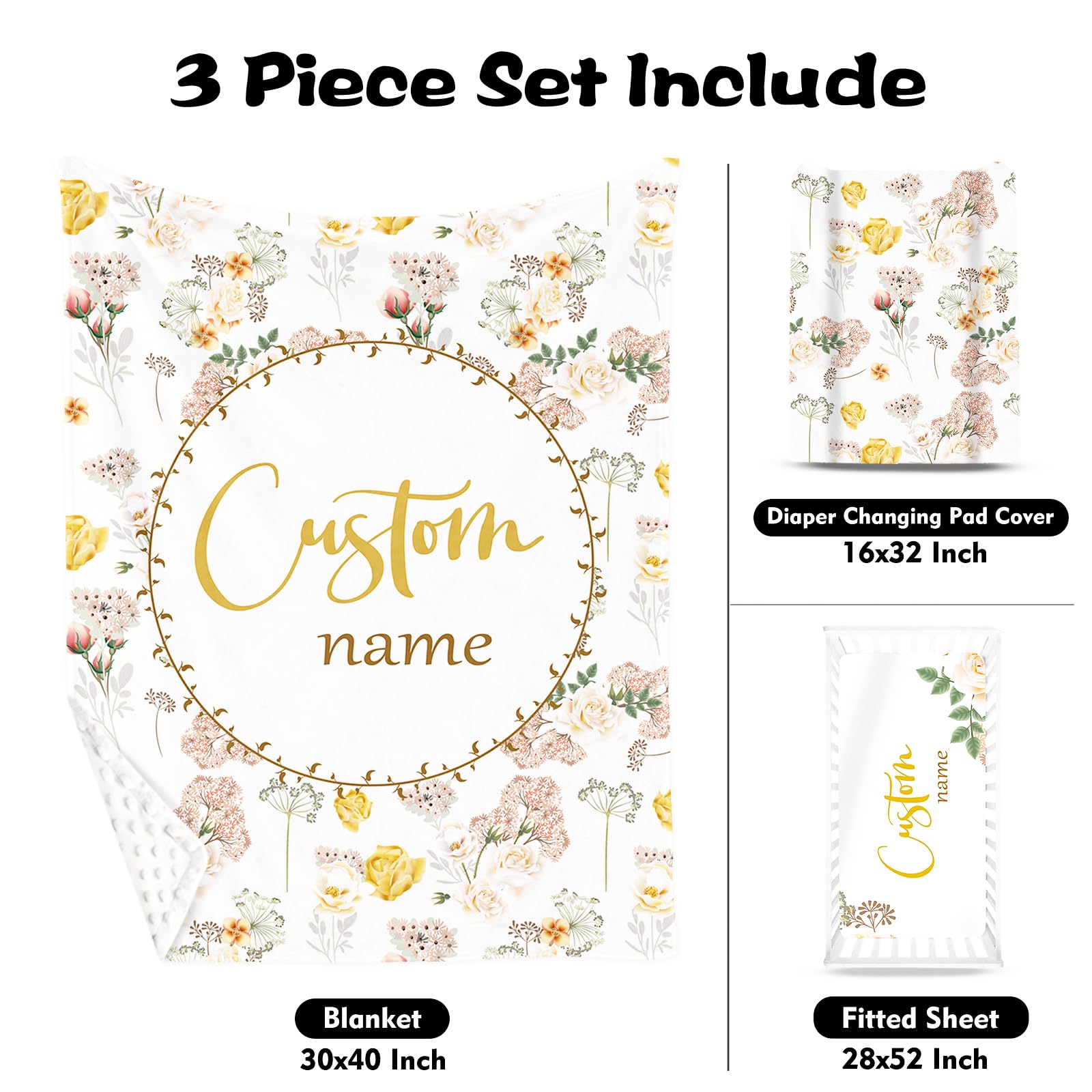 HSHRYY Custom Name Crib Bedding Set for Infant Girls Baby, Personalized Nursery Decor Baby Blanket Fitted Crib Sheet Changing Pad Cover 3 Pcs, Flowers Theme