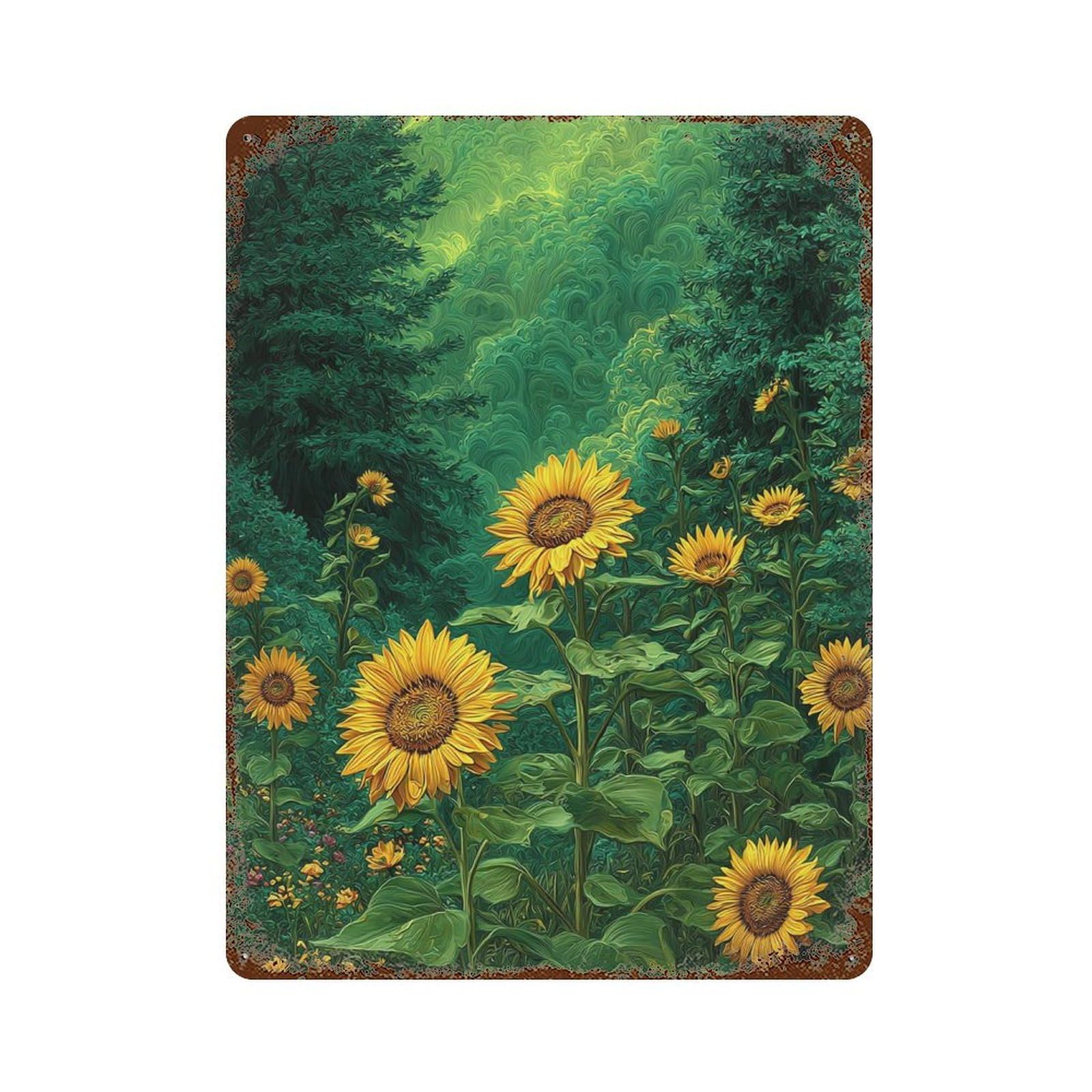 Sunflower Garden Painting-3 Aged Metal Wall Plaque 15.7"x11.8", Classic Wall Plaque for Garage, Pub Or Kitchen