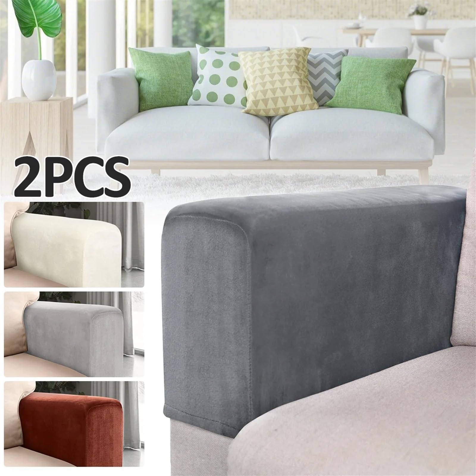 Sofa Armrest Covers Removable 2 pcs Velvet Multicolor Adjustable(Beige)