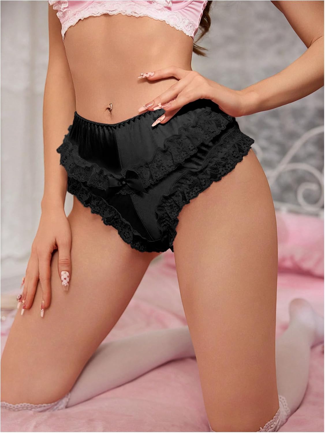 SHENHE Women's Satin Panty Ruffle Lace Trim Mid Rise Bow Underwear Silky Soft Brief - Image 4