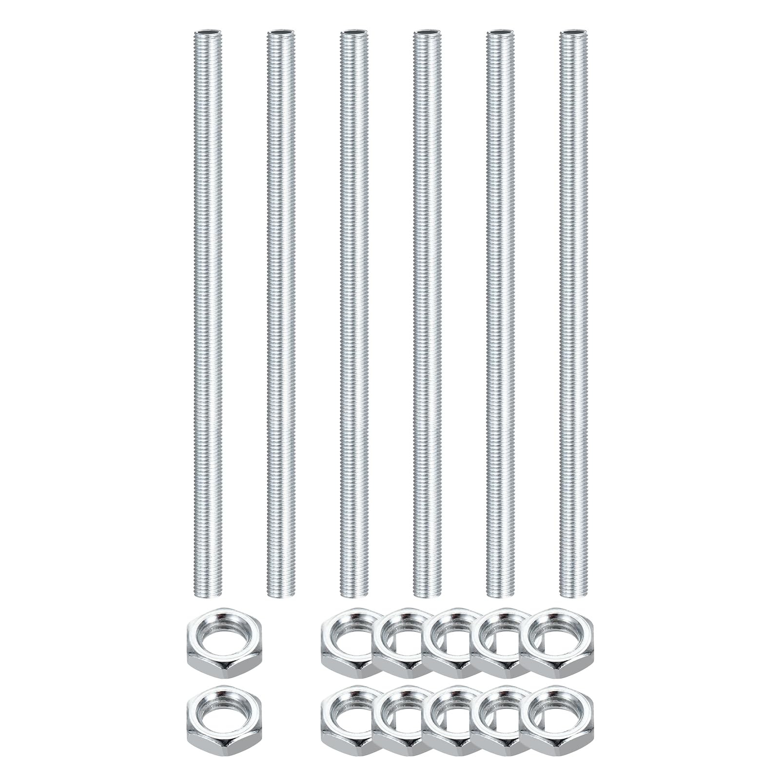 sourcing map 6Pcs 150mm Lamp Pipe Nipples Kit with Lock Nuts, M8x1 Fine All Threaded Hollow Tube Lamp Repair Hardware Fasteners for Chandelier Ceiling Lamps Assembly DIY, White Zinc โ image 1