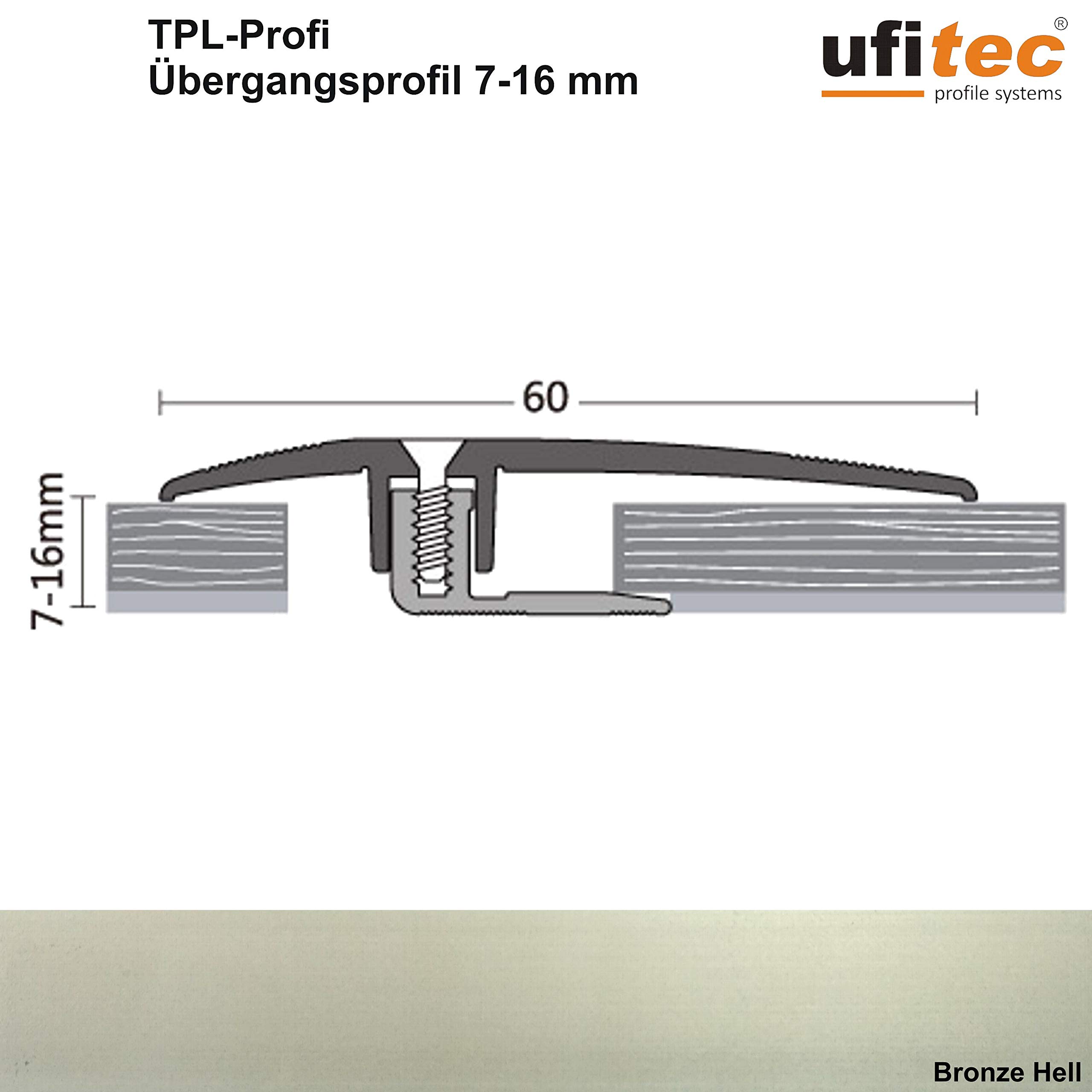 ufitec system profilowy do podłóg parkietowych i laminowanych – do wykładzin o wysokości 7-16 mm – dostępny w wielu kolorach (profil przejściowy | długość 270 cm | szerokość 60 mm, jasny brąz)
