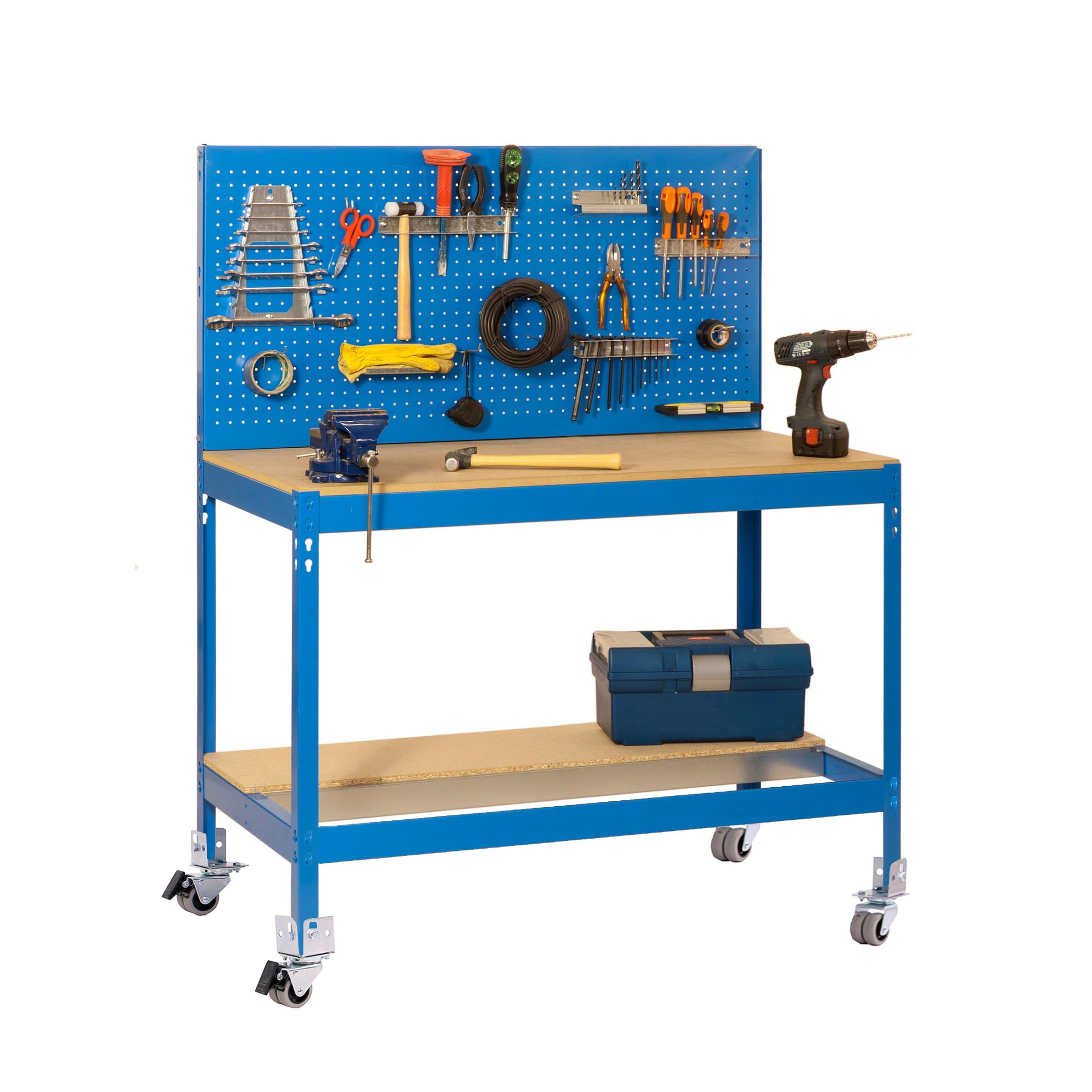 Simon Rack Banco de Trabajo Taller con Ruedas 1210x610 mm - BT2 | Panel Perforado, Tablero madera 16 mm, Capacidad Carga 120 kg, Azul , Pintura anticorrosión, Montaje sistema clic