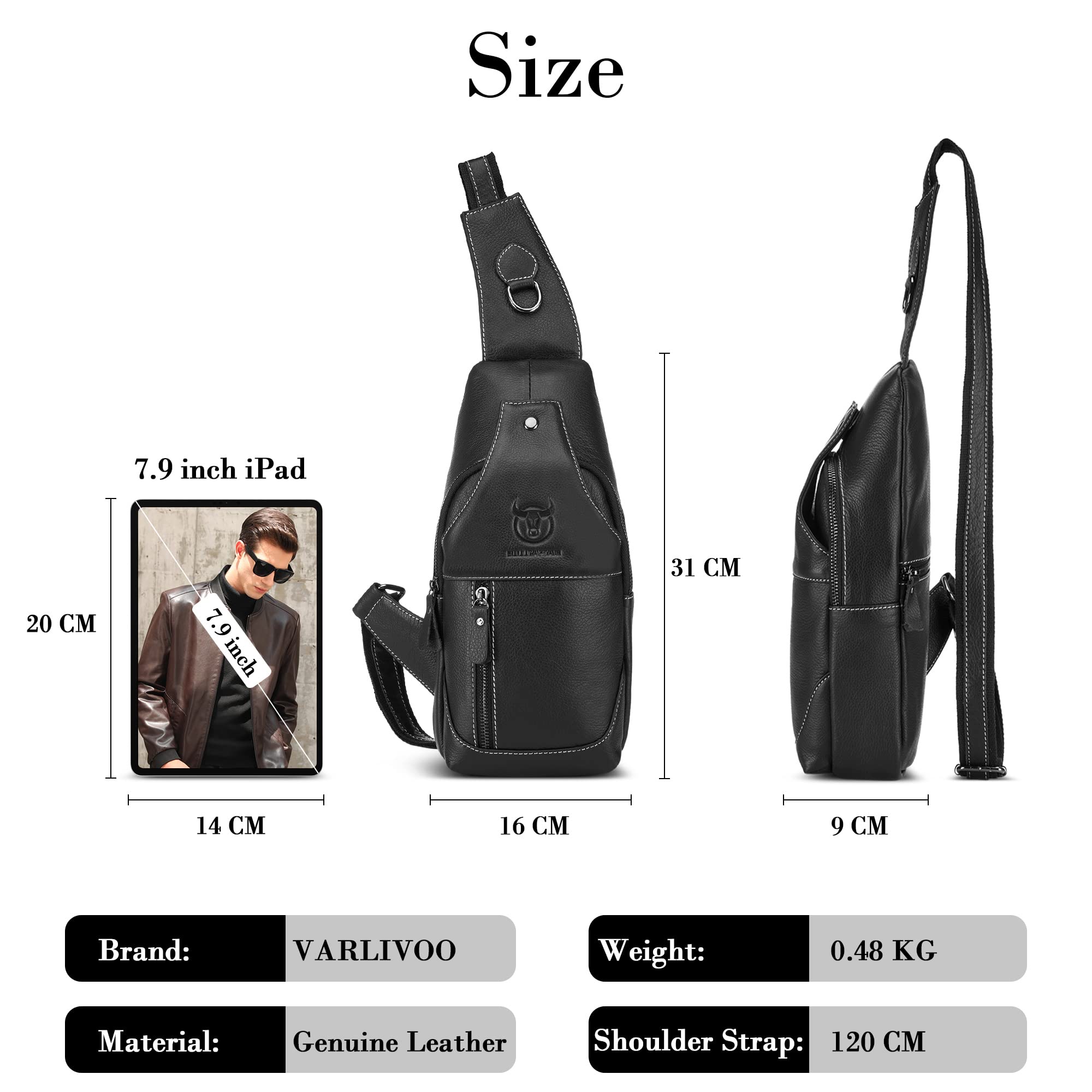 VARLIVOO Retro Bolsos de Hombro para Hombre Sling Bag con USB Port Bolsos Cruzados Bandolera Bolsa de Pecho Crossbody Bolsa Viajar Negocio Sling Backpack Impermeable Cuero Negro