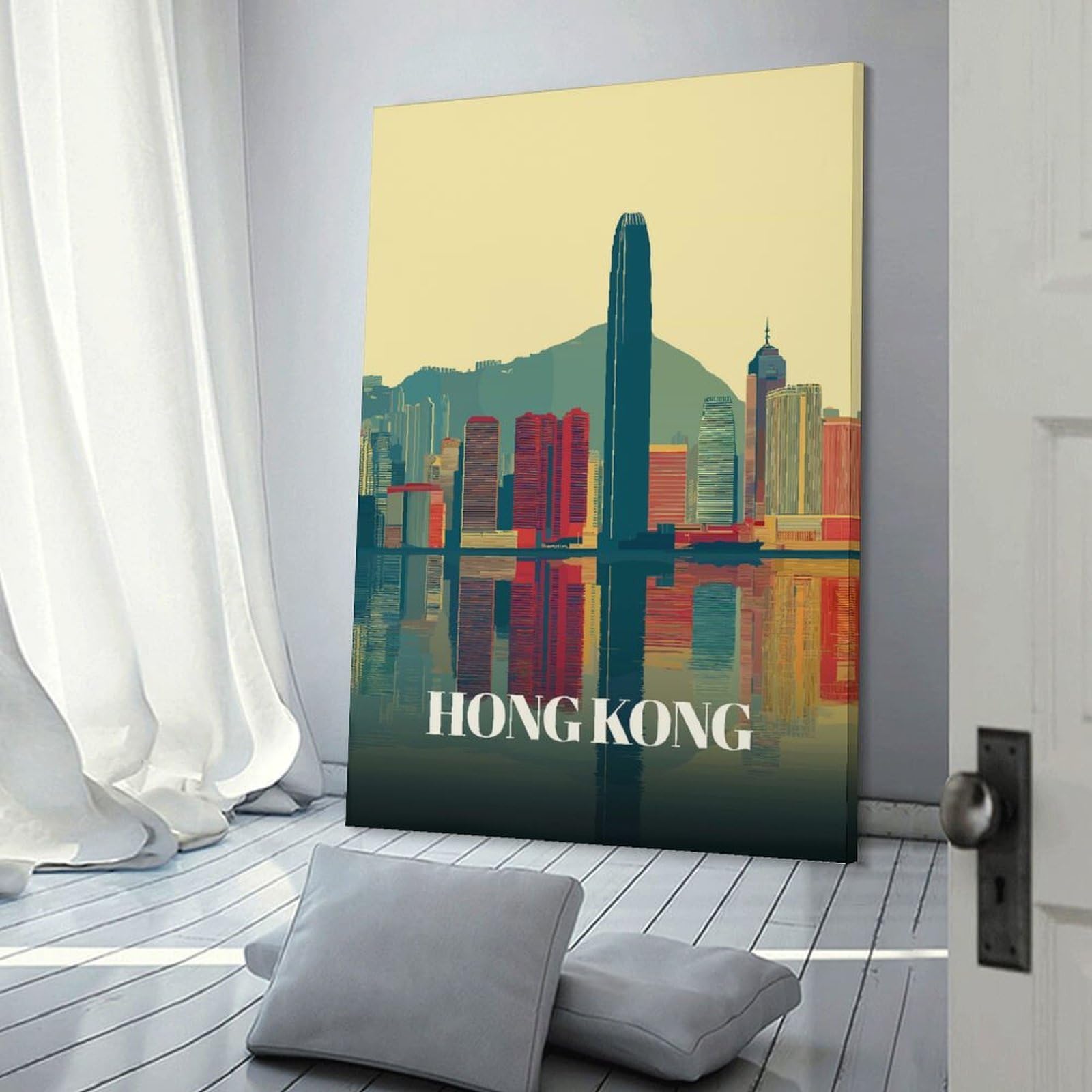 Junmoney Hong Kong Cityscape Reflection Art Canvas Wall Decor 24x36inch(60x90cm), for Corridors, Hallways Or Apartment Entries, A Stylish Accent for Home Entrances