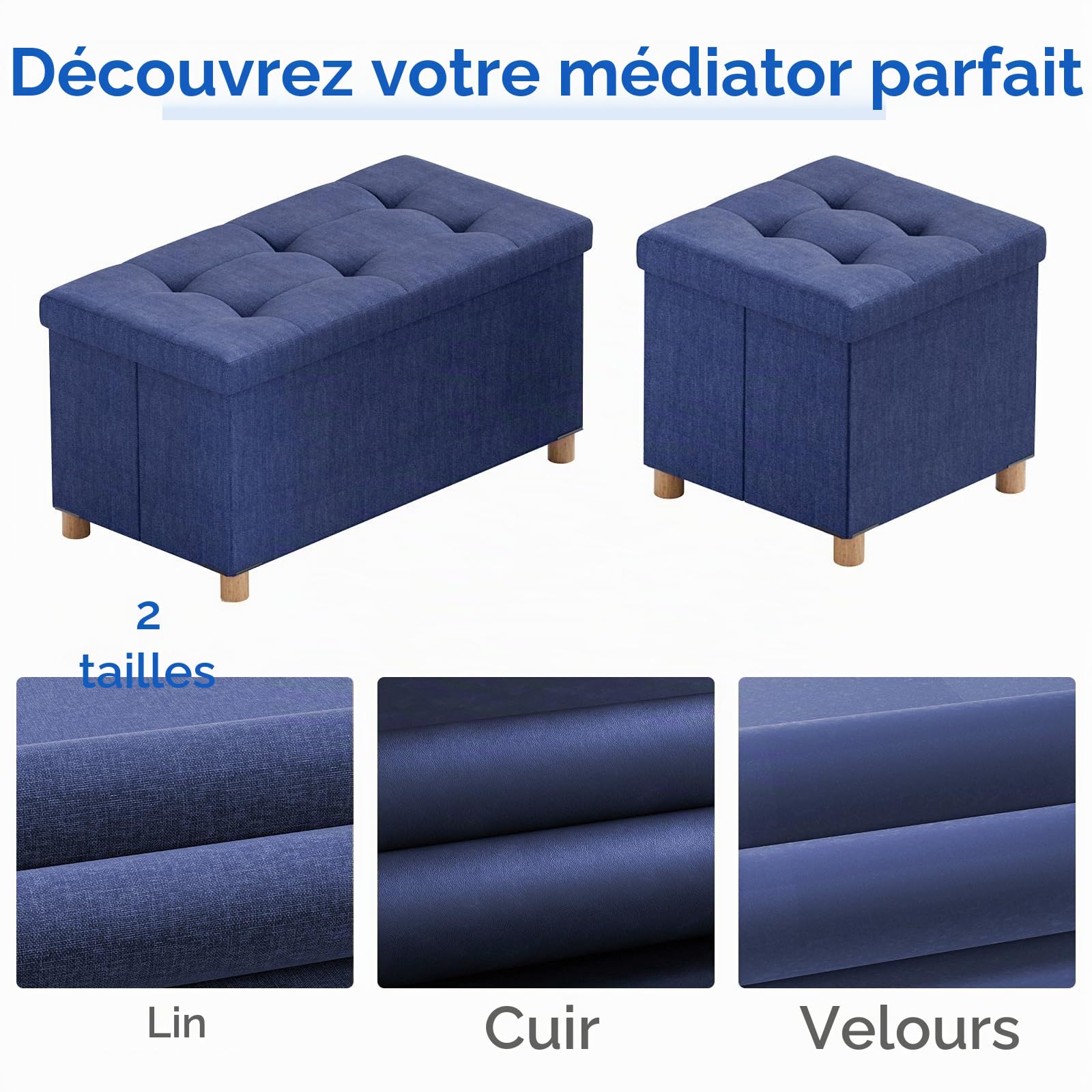 BRIAN & DANY Banc de Rangement, Coffre de Rangement, Pouf Pliable, Montage Facile, pour Salon, Chambre, Entrée, Bleu, 76 x 38 x 38 cm