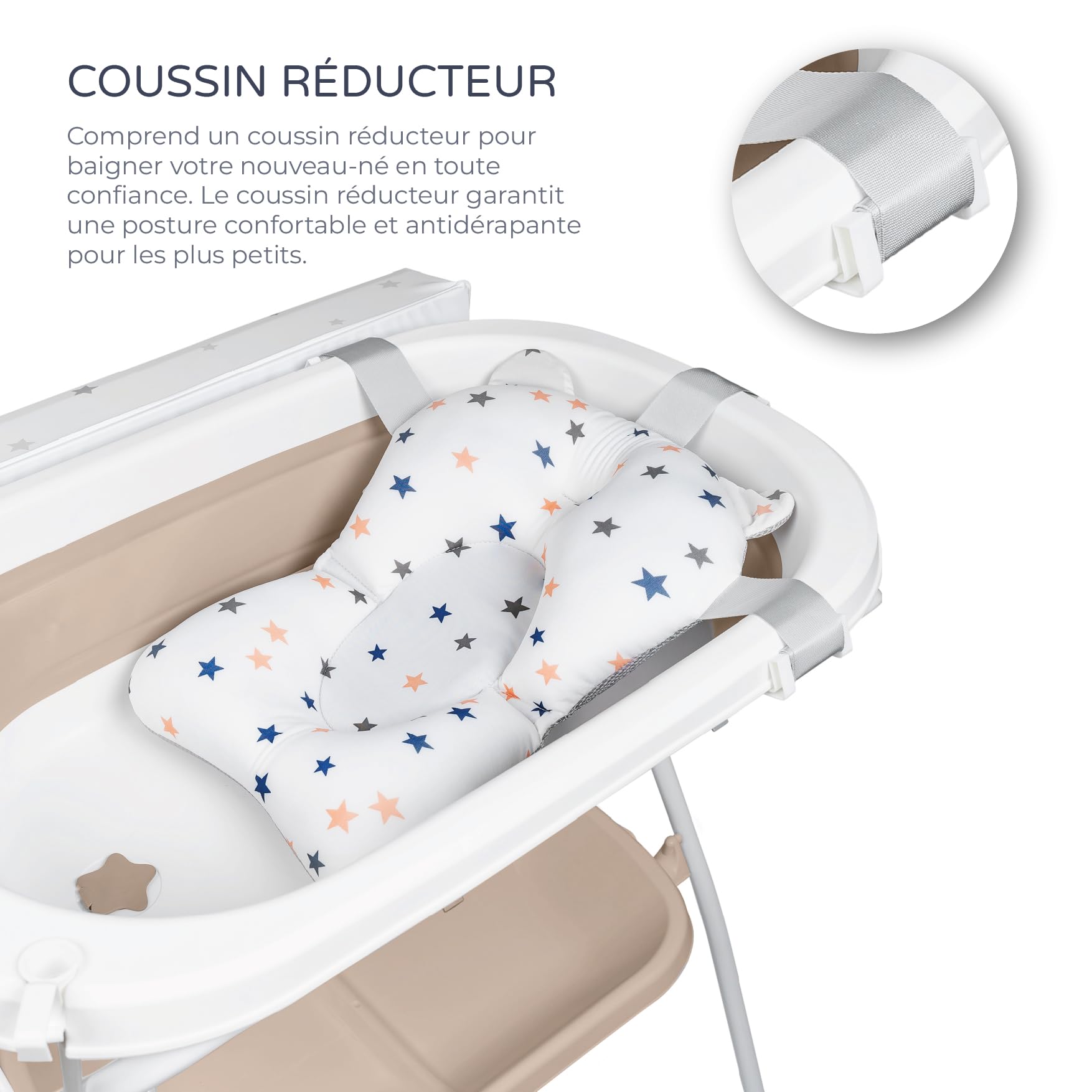 MS BabyWorld - Baignoire haute ZOE + Réducteur | Matelas à langer, coussin réducteur et panier | Confortable et facile à ranger | Avec bouchon et tuyau de vidange, pieds antidérapants, Pliable (Beige)