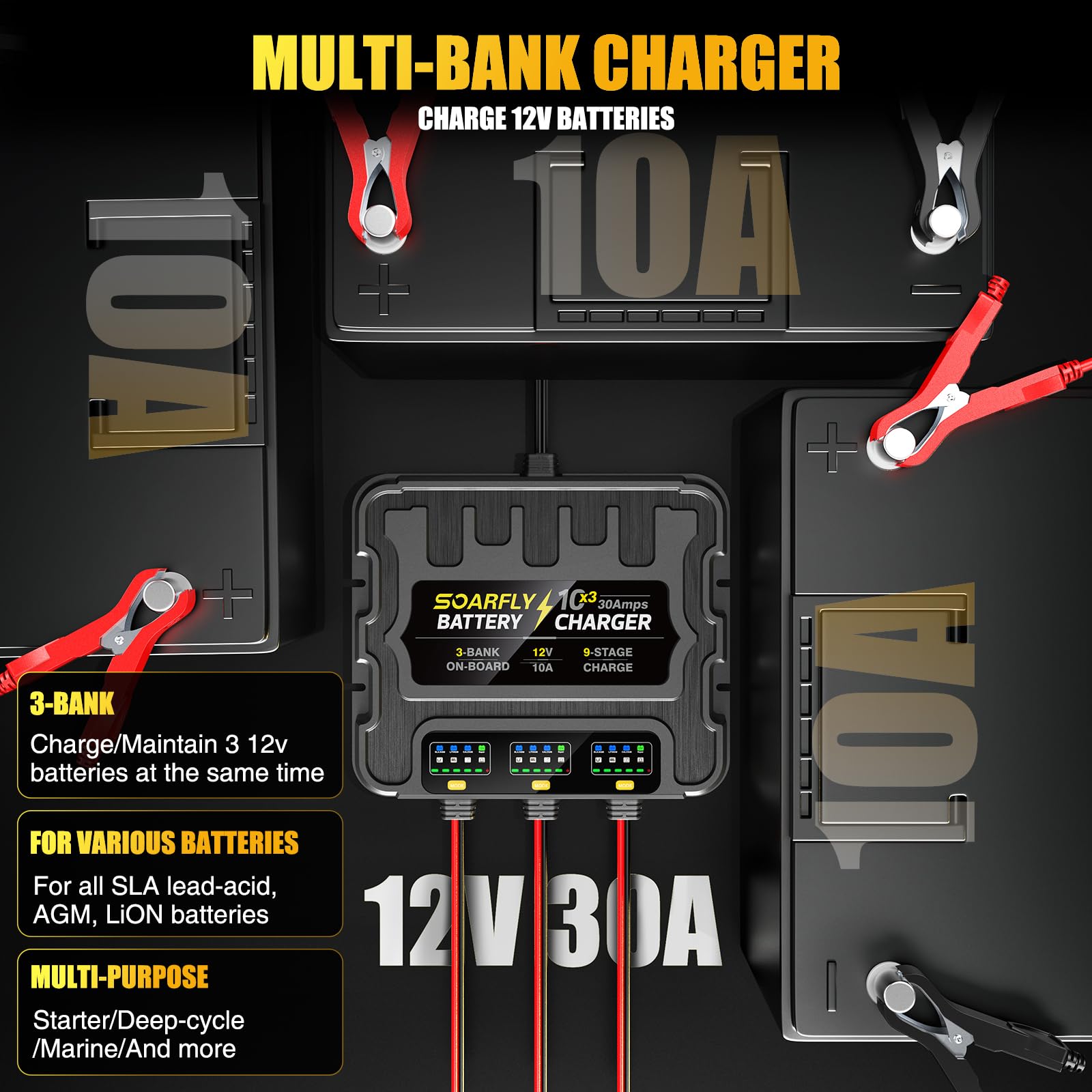3 Bank Marine Battery Charger, 12V 30A (10A/Bank) Smart Waterproof Onboard Boat Battery Charger, Battery Maintainer & Desulfator for SLA/AGM/Lithium (LiFePO4), Calcium and Deep-Cycle Batteries