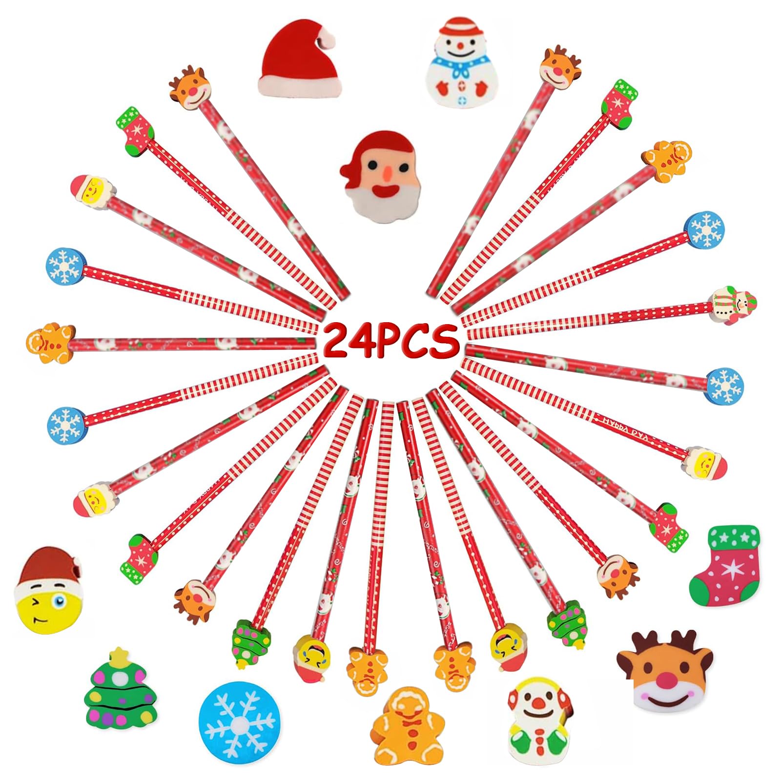 24 Matite Di Natale Con Gomma – Set Regalo Per Bambini, Riempi Calze E Sacchetti Festa – Tema Pupazzo Di Neve, Babbo Natale, Renna