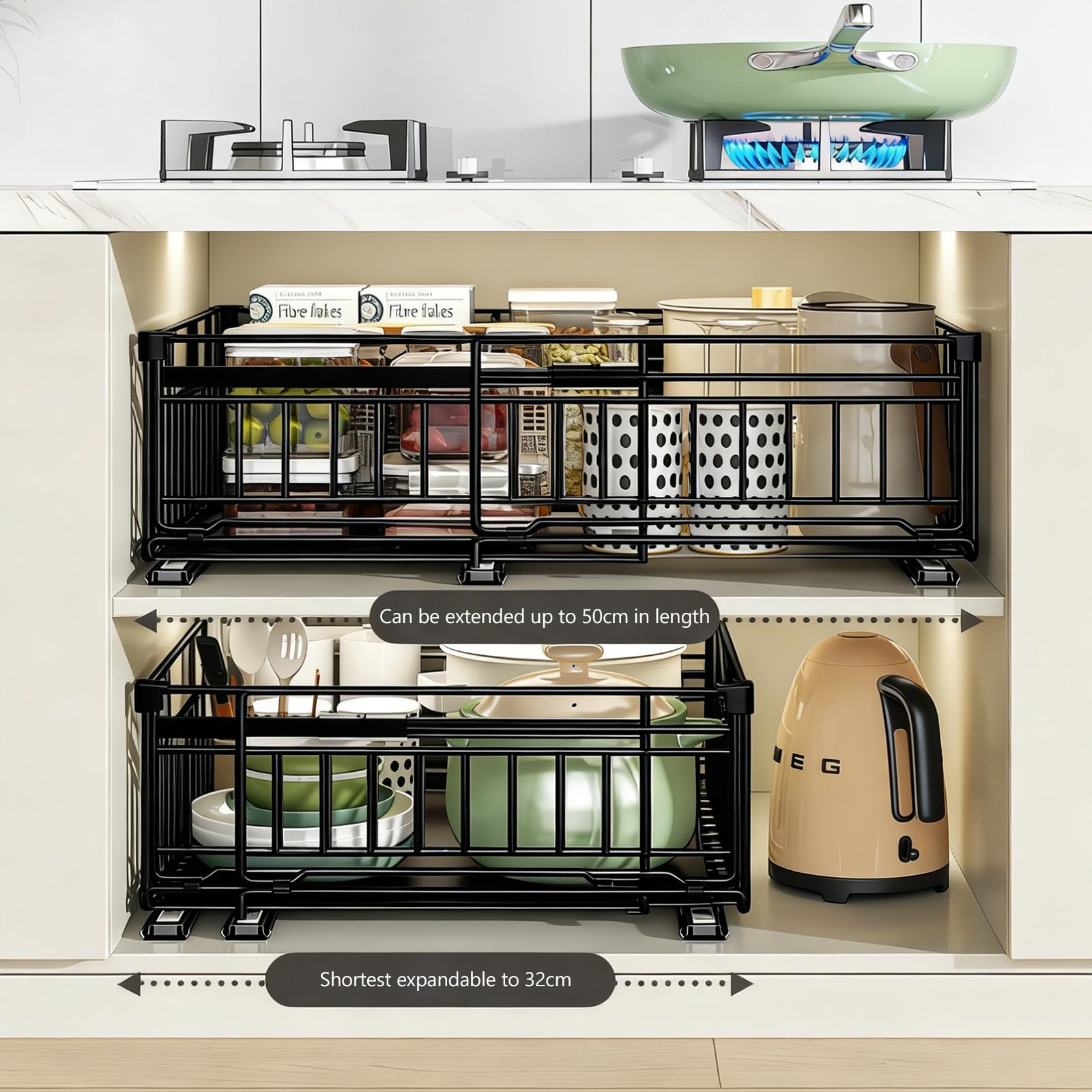 Houkiper Ausziehbare Teleskopschublade 38cm Tief, Ausziehbare Schublade Küche Organizer Schrank Mit Kleber, Putzmittel Organizer No Drill Spülschrank Organizer, Einstellbarer Breite, 50x38x17cm