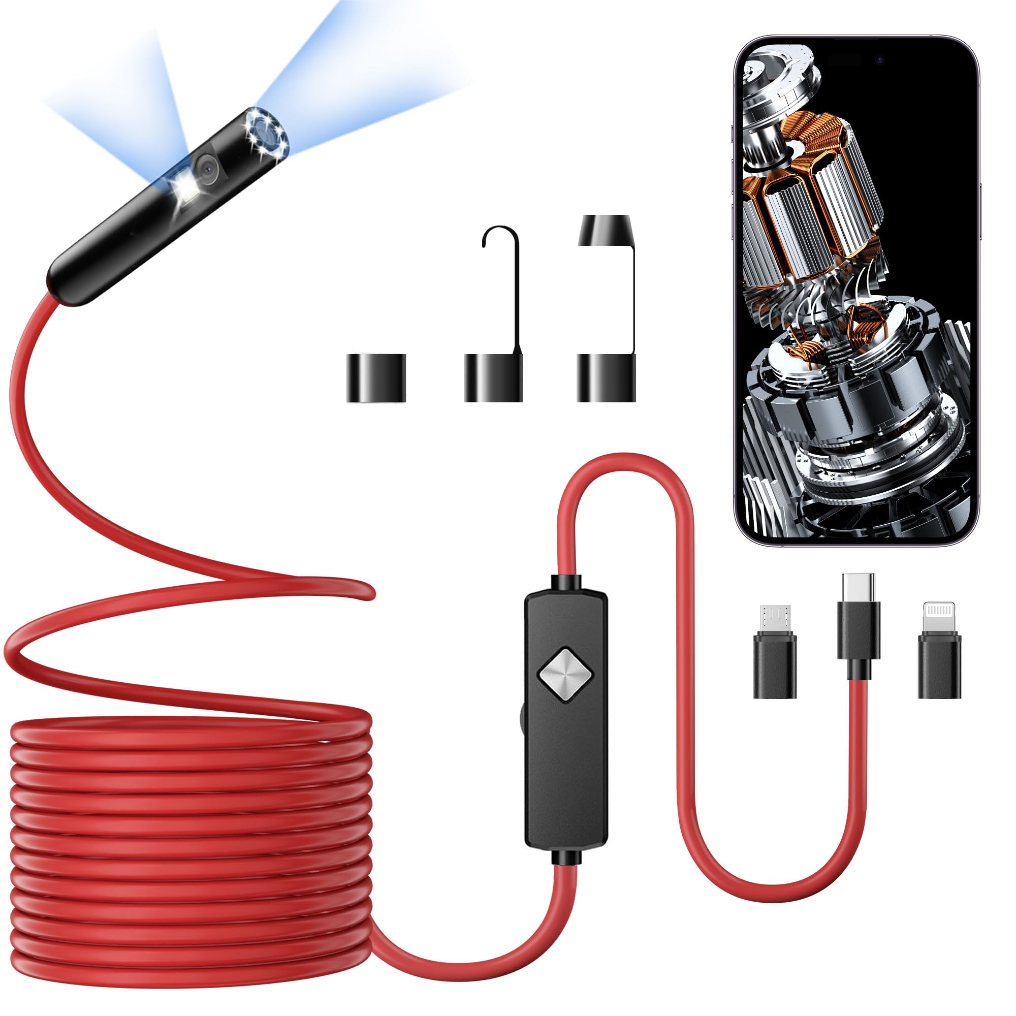 Endoscope with Light, 1920P HD Borescope with 8 Adjustable LED Lights, Semi-Rigid Snake Camera, IP67 Waterproof Inspection Tool for iPhone &amp; Android - 32.8FT-Dual Lens (Red)