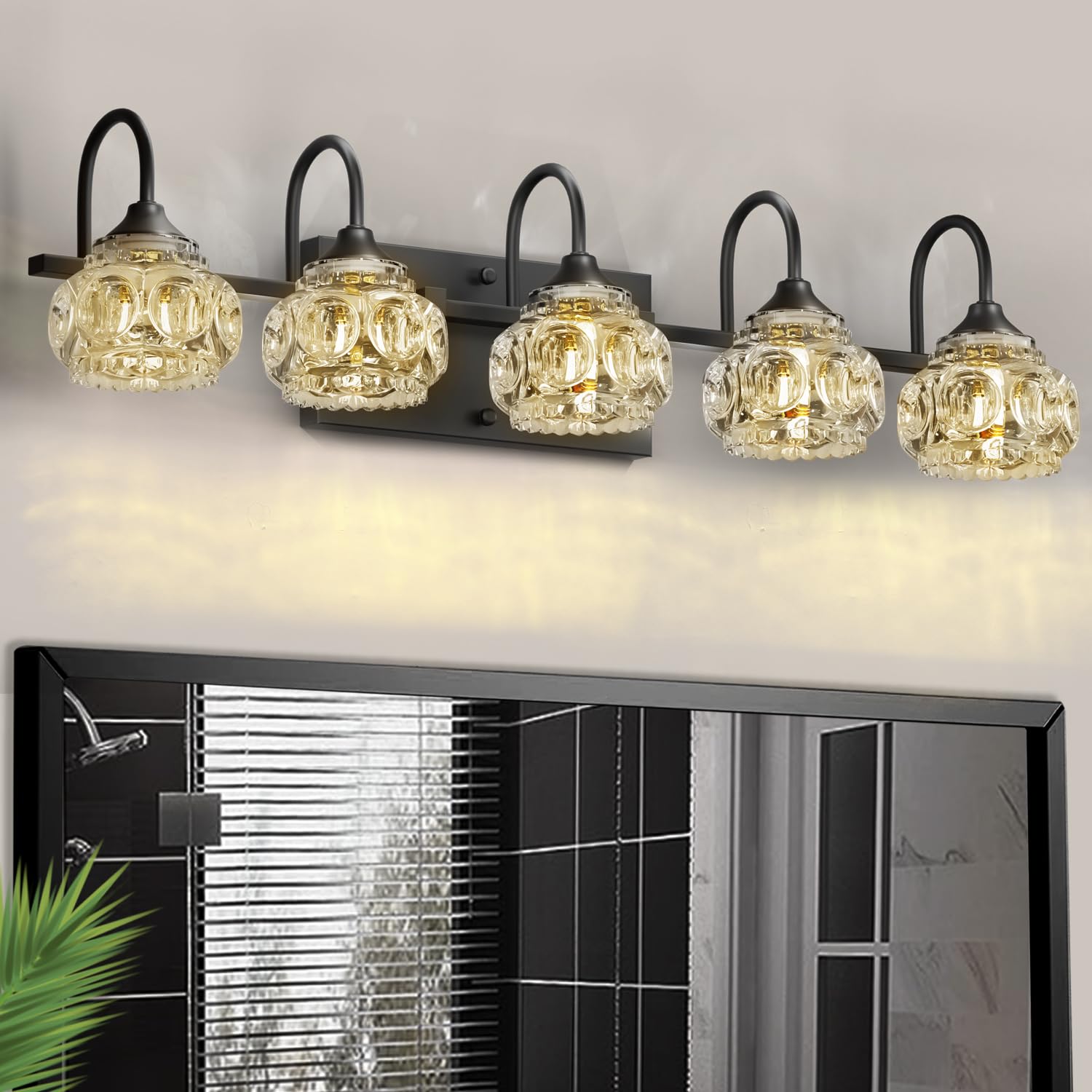 DIKAIDA 5-Light Bathroom Vanity Light Fixtures, Matte Black Modern Vanity Lights with Crystal Glass Shade, Over Mirror Modern Wall Lights for Kitchen Dinning Room Bedroom Balcony Hallway