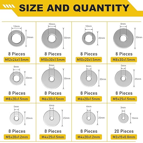 Miniatura 2 de WIESVOP Juego de 108 piezas de arandelas planas de acero inoxidable 304, kit surtido de arandelas para guardabarros 12 tamaños (M3-M12) arandelas de