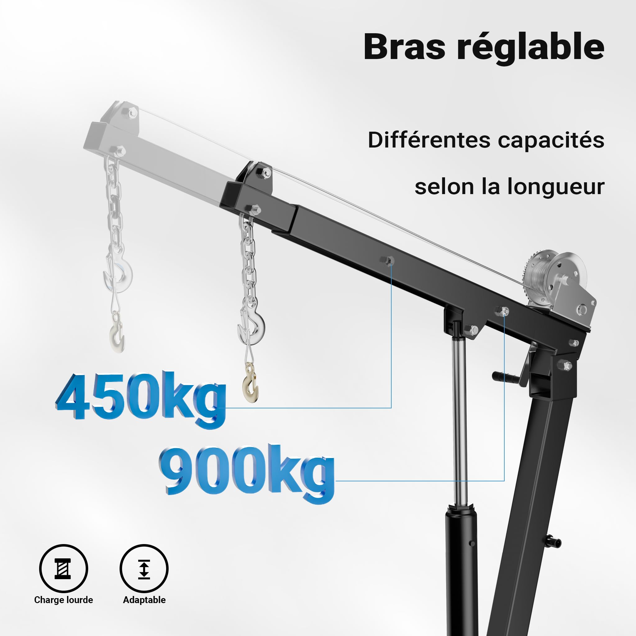 Wiltec Grue de levage de pick-up – Capacité de charge max. de 900 kg – Chèvre mécanique d'atelier avec Socle massif Bras pivotant à 360° et Treuil – Ancrage Fixation au sol et Remorque