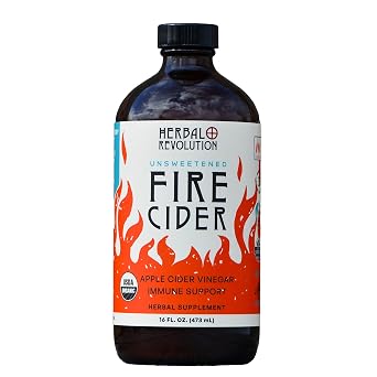 Herbal Revolution Unsweetened Fire Cider Apple Cider Vinegar - Certified Organic Non-GMO ACV infused with Ginger, Horseradish, Hot Peppers, and more - Made using Regenerative Farming Practices 16 Oz