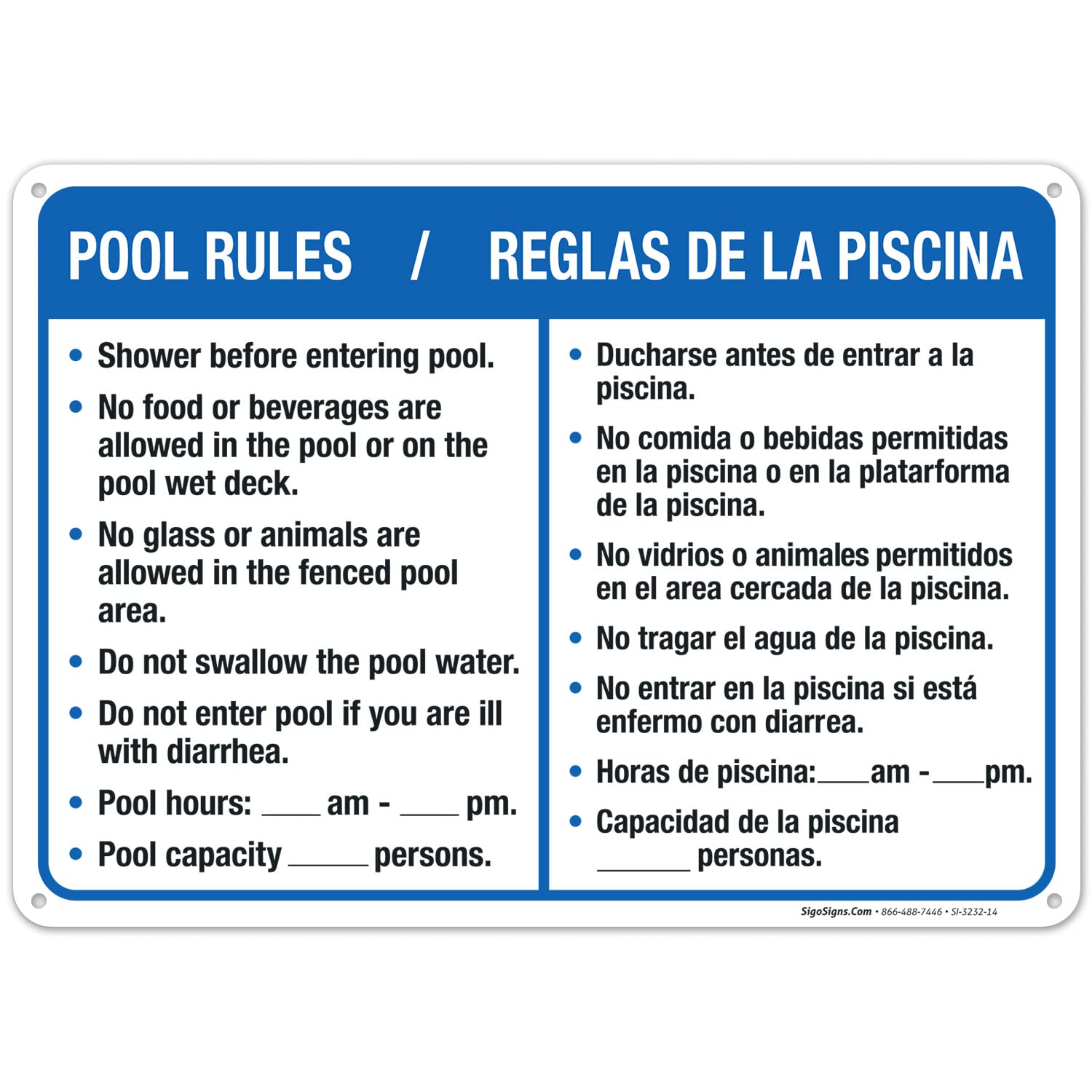 Swimming Pool Rules Bilingual Sign, Spanish English, 10x14 Inches, 55 mil Thick HDPS (high Density polystyrene), Made in USA