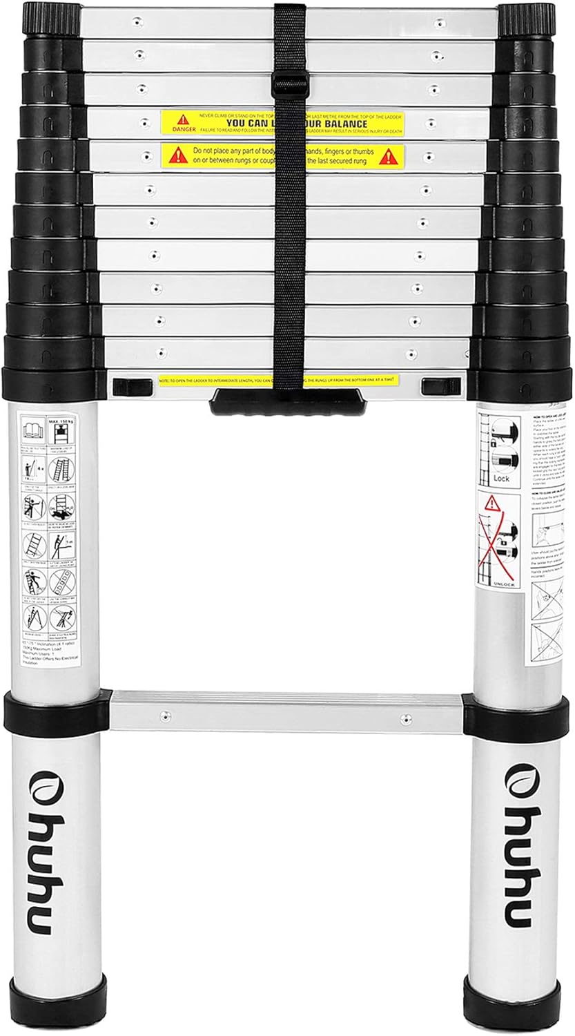 Ohuhu 12.5 FT Aluminum Telescoping Ladder, One-Button Retraction Extension Ladder, Collapsible Ladder with Spring Loaded Locking Mechanism for Roof, 330 Pound Capacity - - 