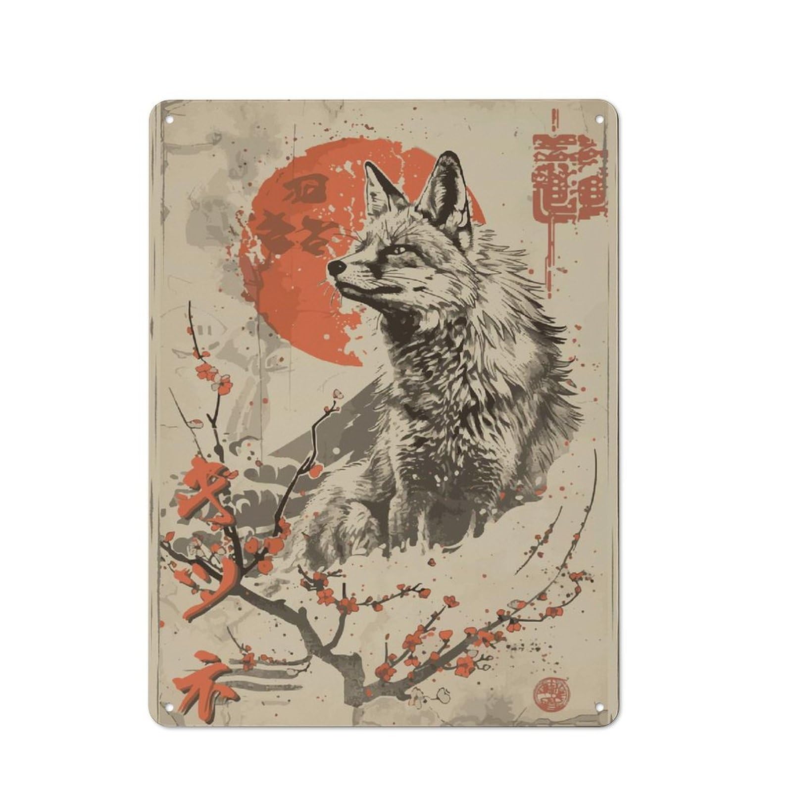 Junmoney Style-11 Vintage Japanese Fox Country Vintage Metal Wall Decor 40X30cm, Country Metal Sign For Kitchen, Cottage, Porch Or Garden Room