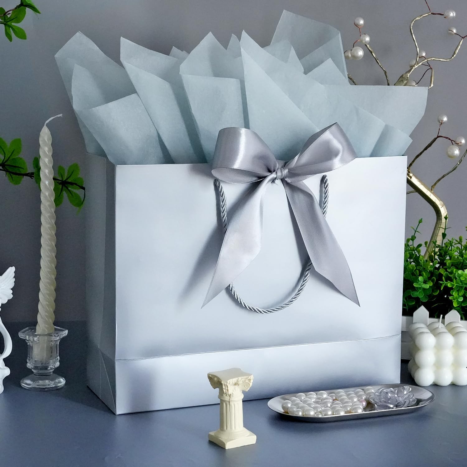 Large Gift Bags, 2PCS Gift Bags with Handle Tissue Paper Greeting Card, 13’’ Portable Birthday Gift Bag Set, Silver Present Bags for Birthday Party Favor Wedding Baby Shower Father’s Day, 13x10x4inch image 3