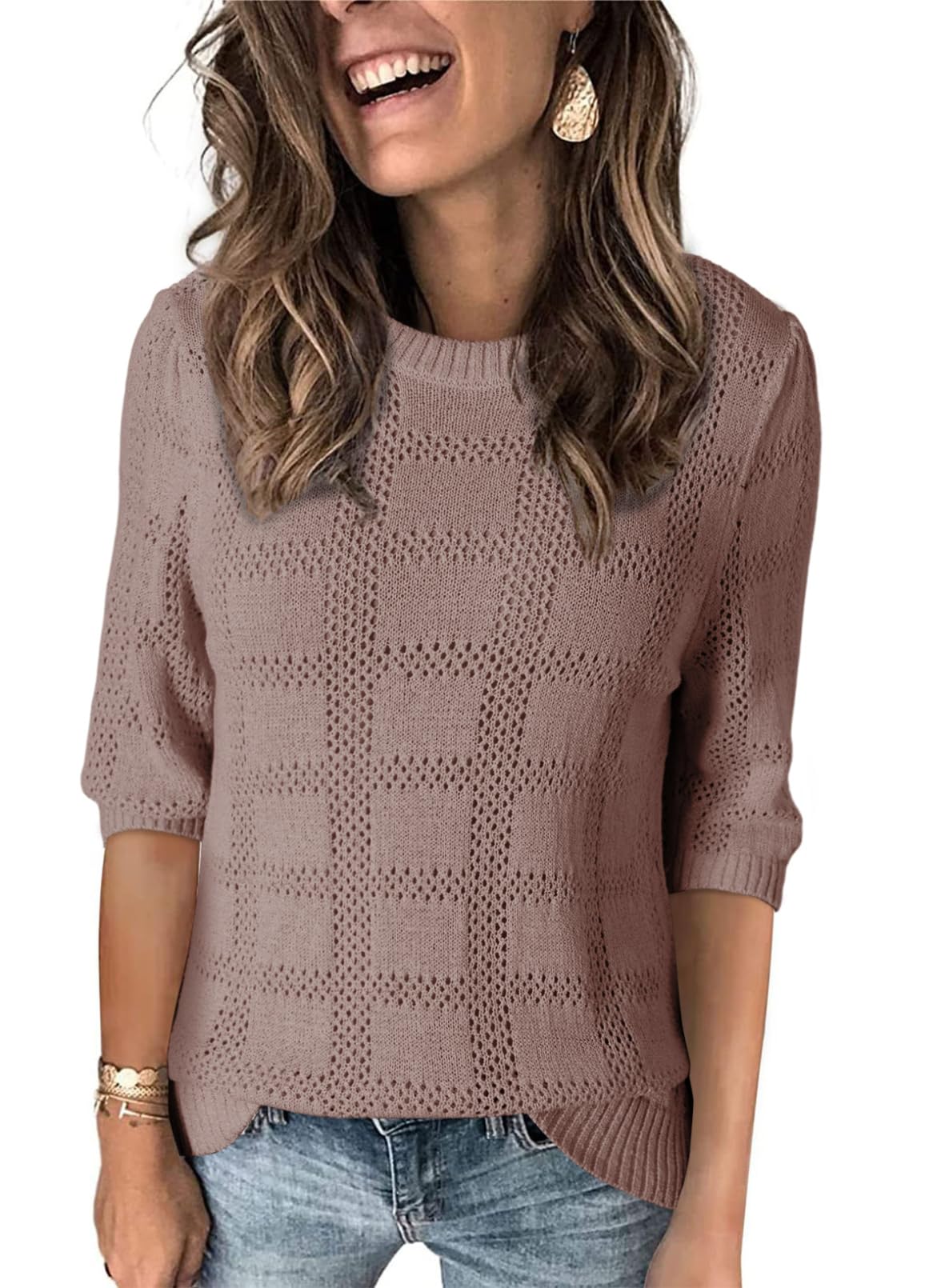 Dokotoo Women's Casual Short Sleeve Loose Tunic Tops Lightweight Crochet Knit Summer Sweaters Blouses