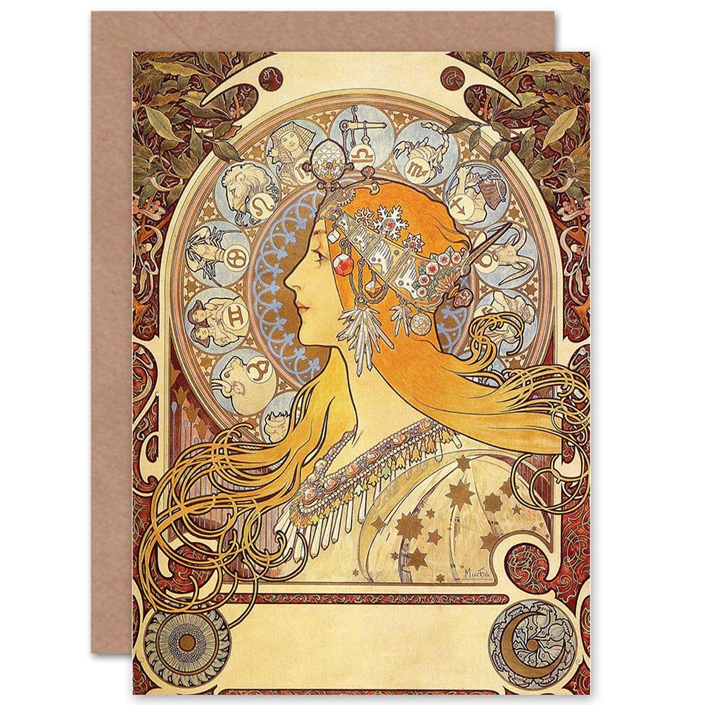 Wee Blue Coo Blue Wee Coo Alphonse Mucha Zodiac 1896 Old Master Painting Repro Blank Greetings Card