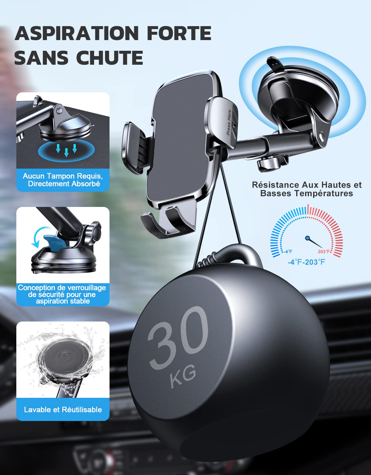 CIRYCASE Support Téléphone Voiture, 2026 Amélioré [Ventouse Ultra Puissante] Porte Voiture Telephone Tableau de Bord, Rotation 360° & Opération à Une Main, Attache Voiture Pare-Brise (4-7" Smartphone)