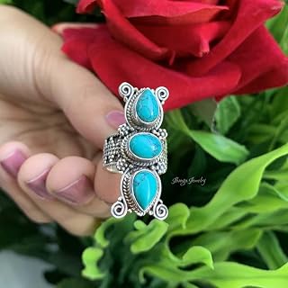 Blue Turquoise Ring, 925 Sterling Silver, Three Stone Ring, Victorian Ring, Boho Statement Ring, Handmade Silver Ring, Artisan Designer Ring, Cocktail Ring, Mojave Turquoise Ring, Gift For Her