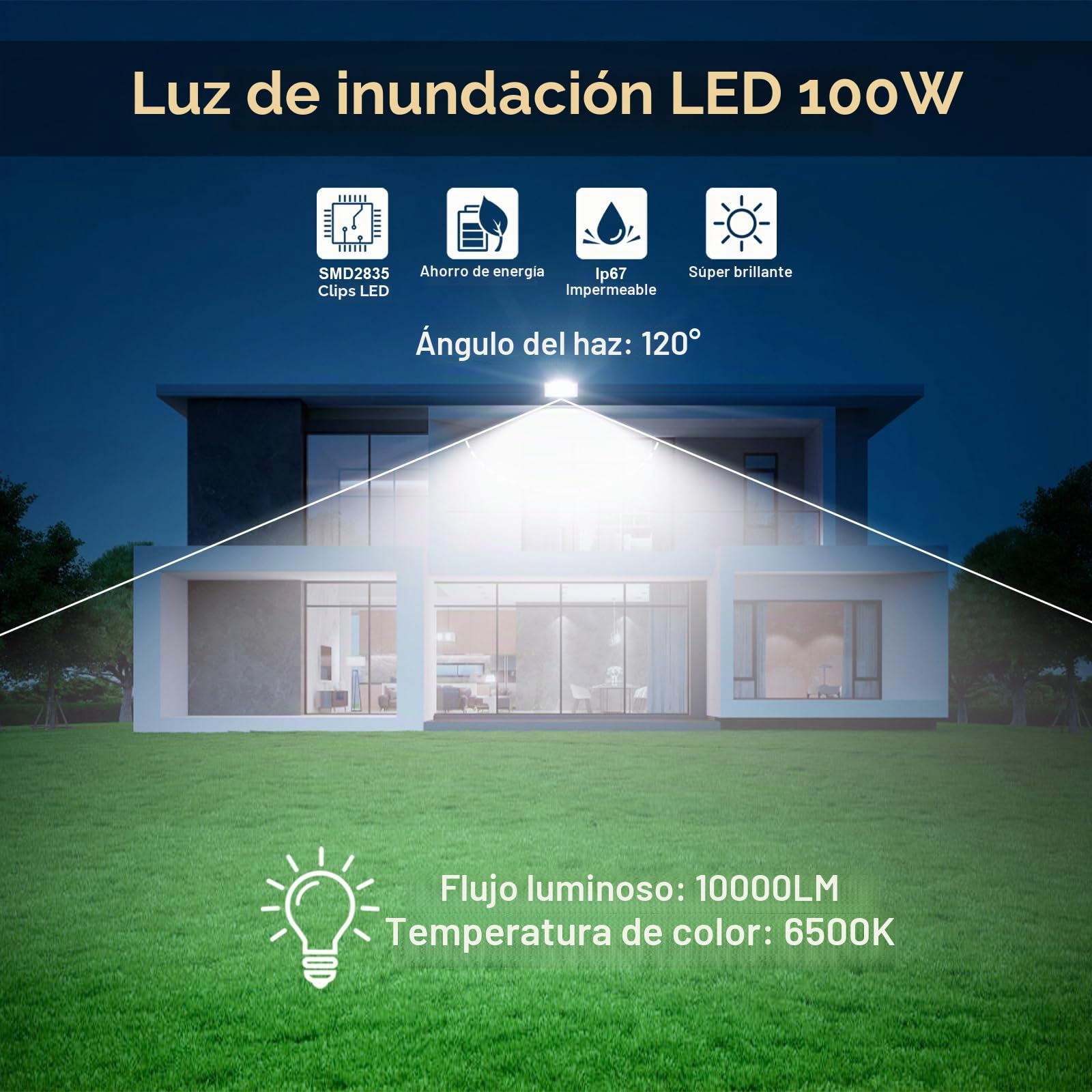 Focos LED Exterior con Sensor de Movimiento 100W - 10000LM 6500K Blanco Frío Foco Exterior con Sensor de Movimiento 2 Piezas Impermeable IP67 para Jardin/Patio