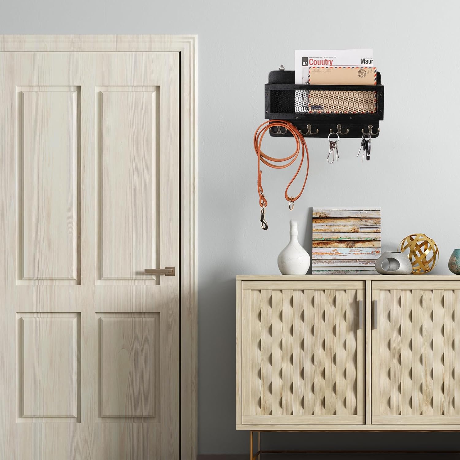 ADIIL Mail and Key Holder for Wall Decorative, Wooden Wall Mount Key Rack Hanger Organizer with 4 Double Key Hooks, Rustic Home Decor for Entryway Hallway, Black