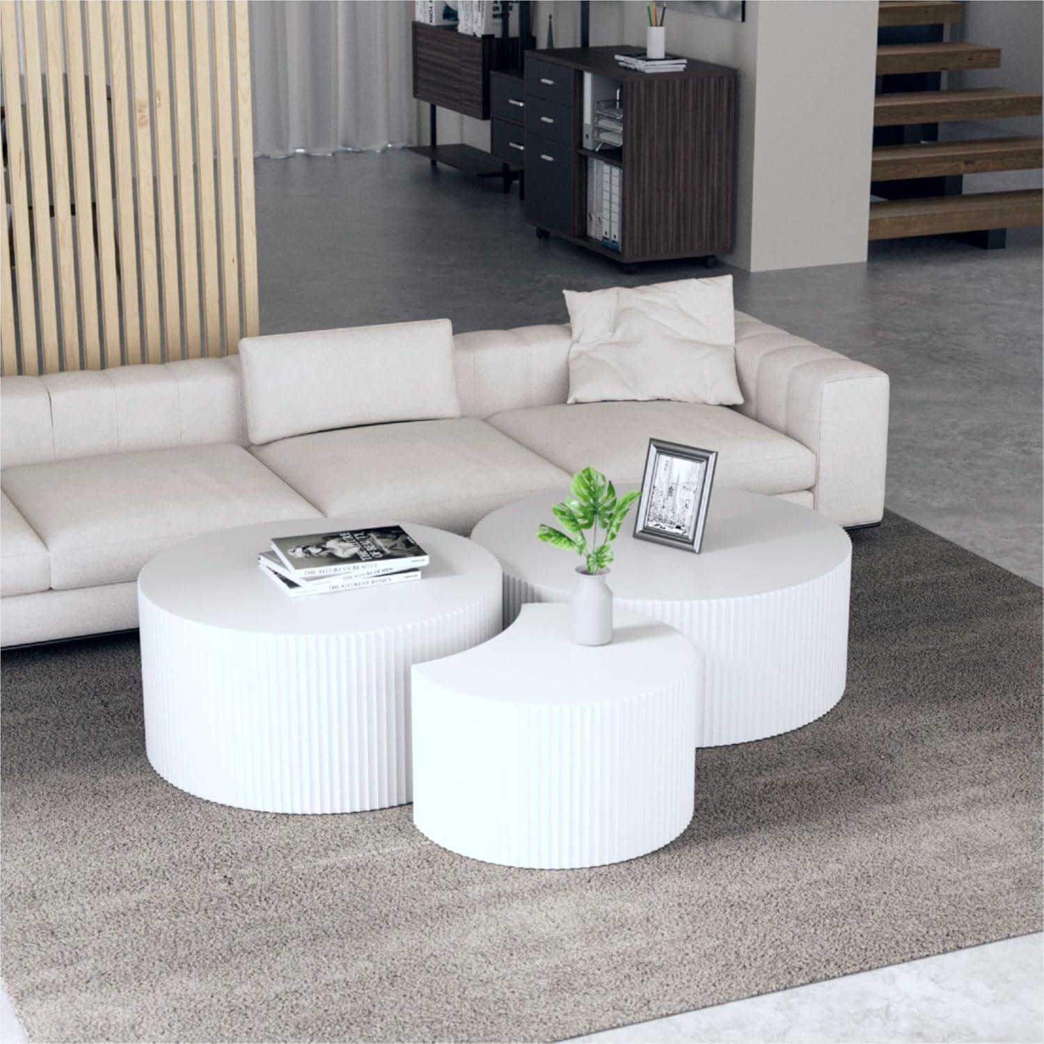 Black Round Coffee Table Set of 2 for Living Room Circle Nesting Coffee Table Set Modern Fluted Drum Coffee Table Side Tables for Apartment Office