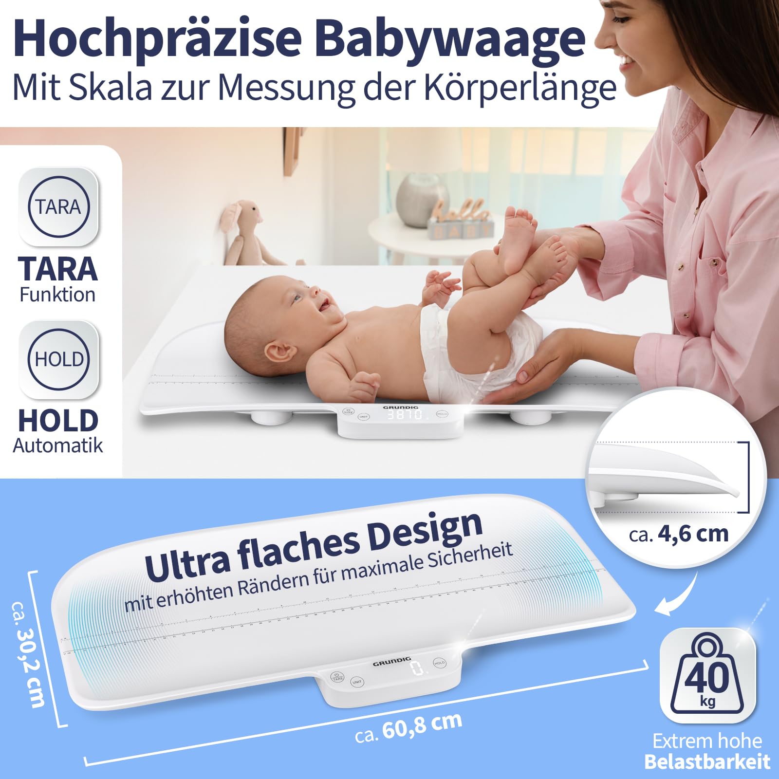 GRUNDIG Babywaage mit Körperlängen Messung - hochpräzise Baby Waage mit Hold Automatik für genaue Ergebnisse bei Strampelmäusen - Digital Scale mit Tara Funktion - bis 40kg belastbar (inkl. Batterien)