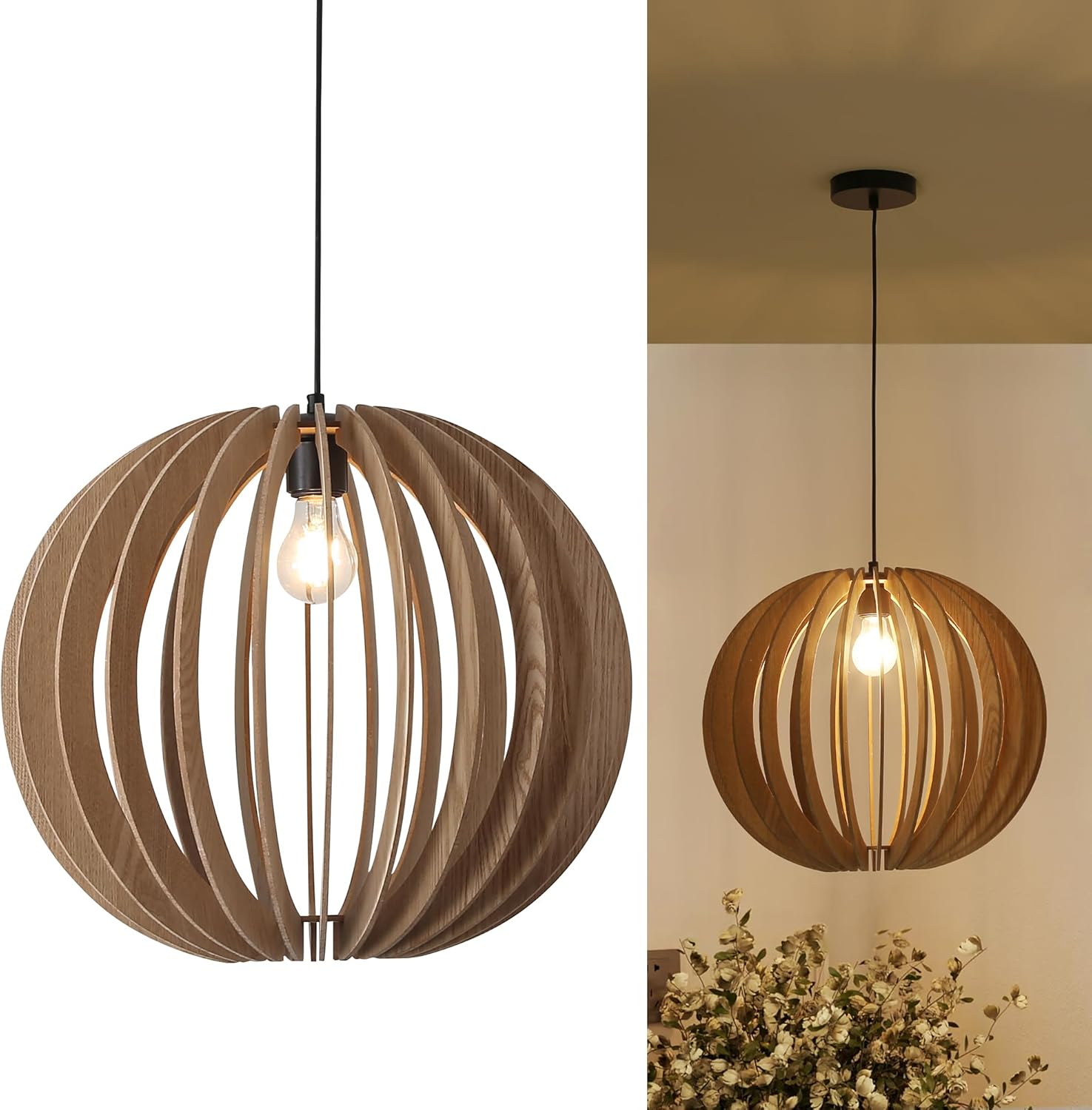 Vintage Wood Pendant Light Fixtures, Modern Farmhouse Walnut Dining Room Chandelier, Mid-Century Ceiling Mount Hanging Light Fixture for Kitchen, Bedroom, Living Room, Foyer, Art Decor, Black