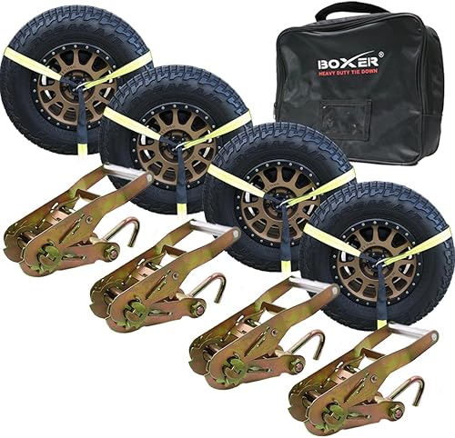 Boxer Paquete de 4 amarres para automóvil con gancho en J de dedo, estilo lazo, 2 pulgadas x 10 pies, correa amarilla con ribete negro,