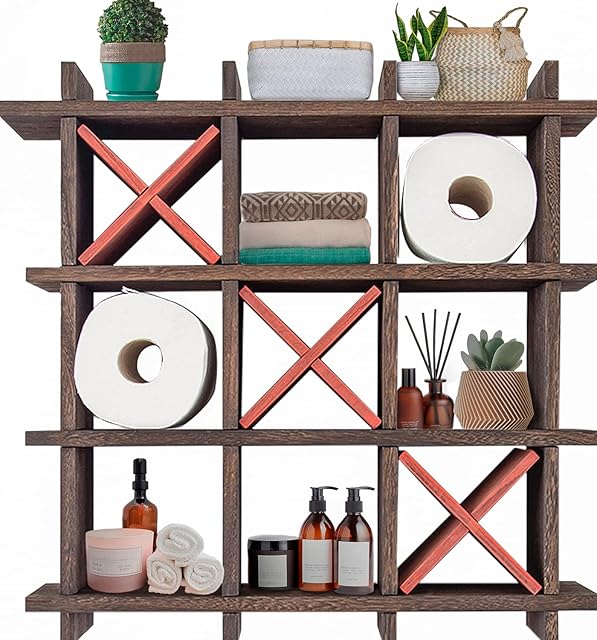 Comfify Rustic Tic-Tac-Toe Toilet Paper Holder for Bathroom  Playful Storage Shelves for Toilet Tissue in Torched Brown Color  Freestanding or Wall Mount Bath Shelves for Your Farmhouse Décor