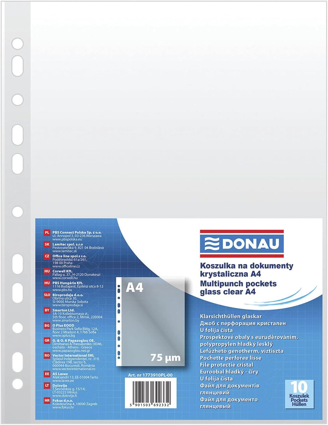 DONAU 1773910PL-00 Document Wallets with Perforated Sleeves for Documents/Documents/Files/Folders/Polypropylene DIN A4 / Transparent Crystal Clear Transparent Films 75 Micron/μm Pack of 10
