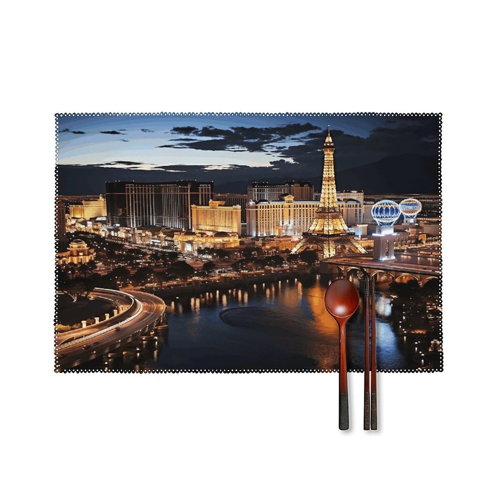 Las Vegas Night View Placemats Set of 4 Heat Resistant Non-Slip Place Mats Reusable Dining Table Mats Canvas Place Mat Anti-Fading Waterproof Placemats for Dining Table Decor