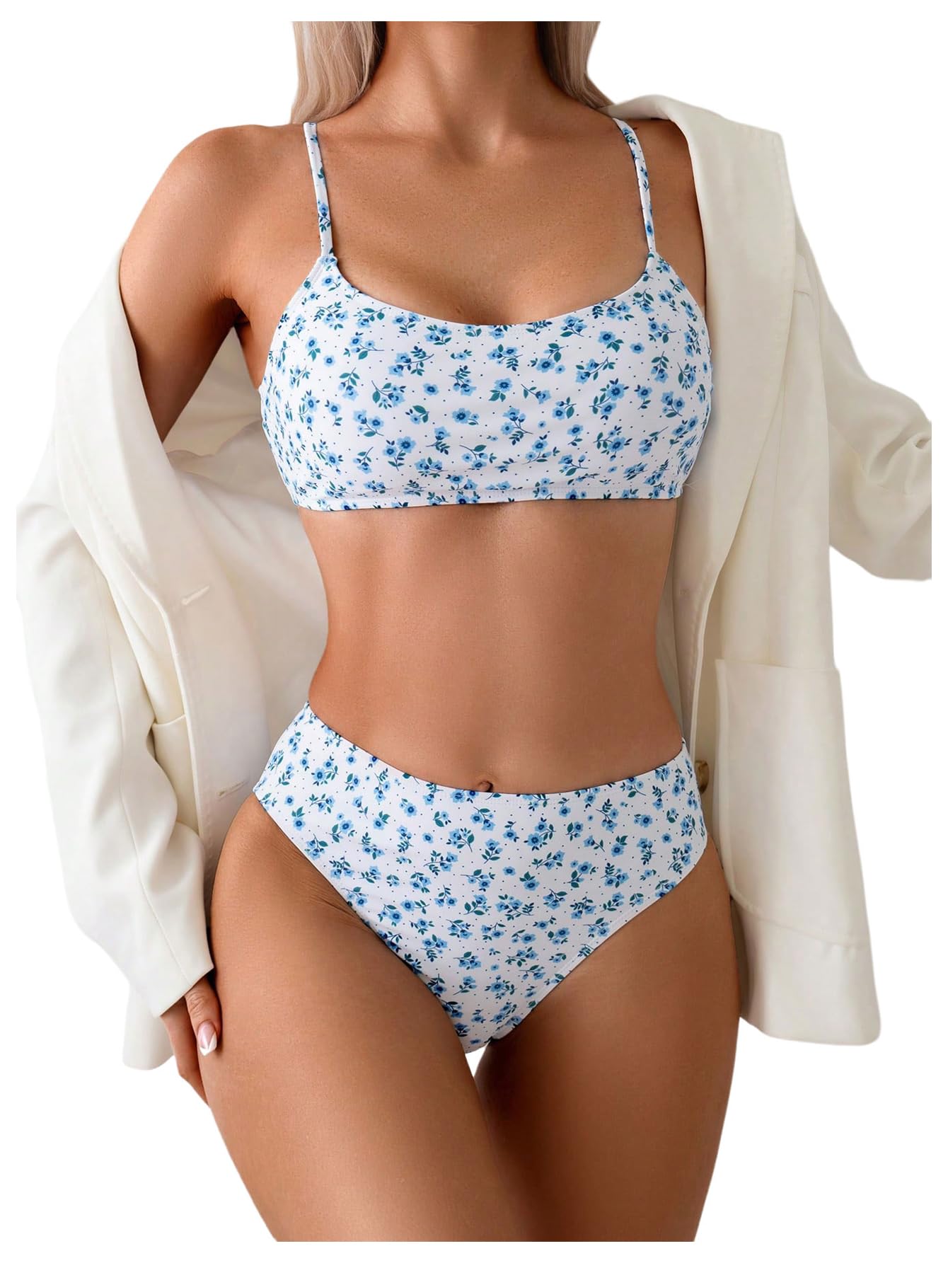 SOLY HUX Womens 2 Piece Bathing Suit Floral Print High Waisted Scoop Neck Cute Bikini Set Beachwear