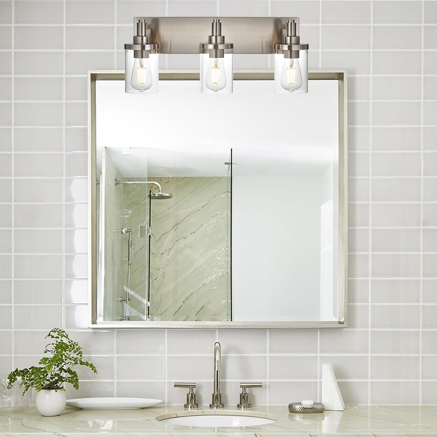 Modern Bathroom Vanity Lights,3-Lights Wall Sconce Lighting E26 Base Brushed Nickel Industrial Wall Light with Clear Glass Shade Bathroom Light Fixtures for Mirror Bedroom Kitchen Hallway