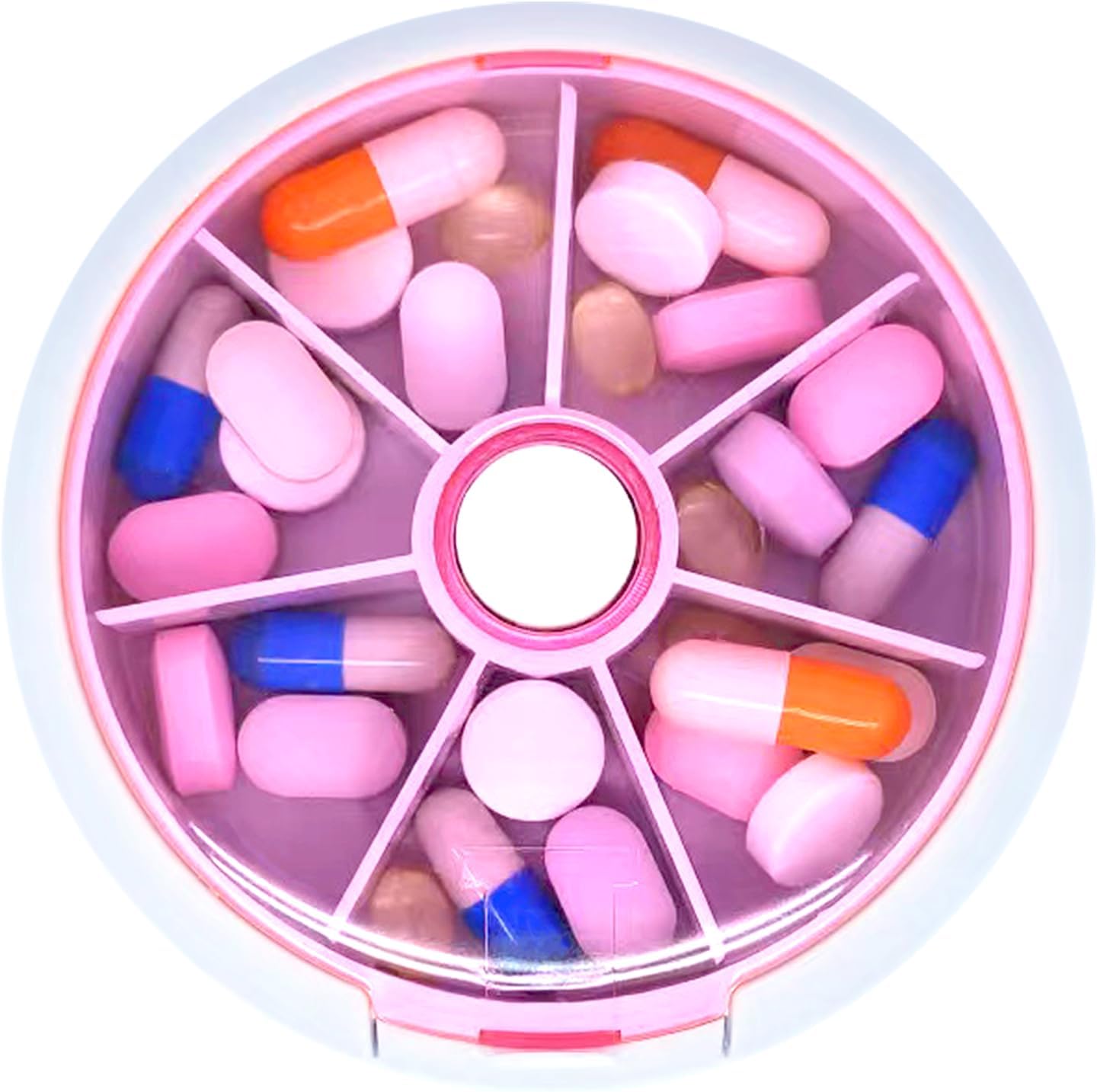 Pill Organizer Travel Pill Case for Purse Portable Pill Box Round Weekiy Pill Container for Vitamin Fish Oil Pills Supplements