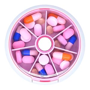 Pill Organizer Travel Pill Case for Purse Portable Pill Box Round Weekiy Pill Container for Vitamin Fish Oil
